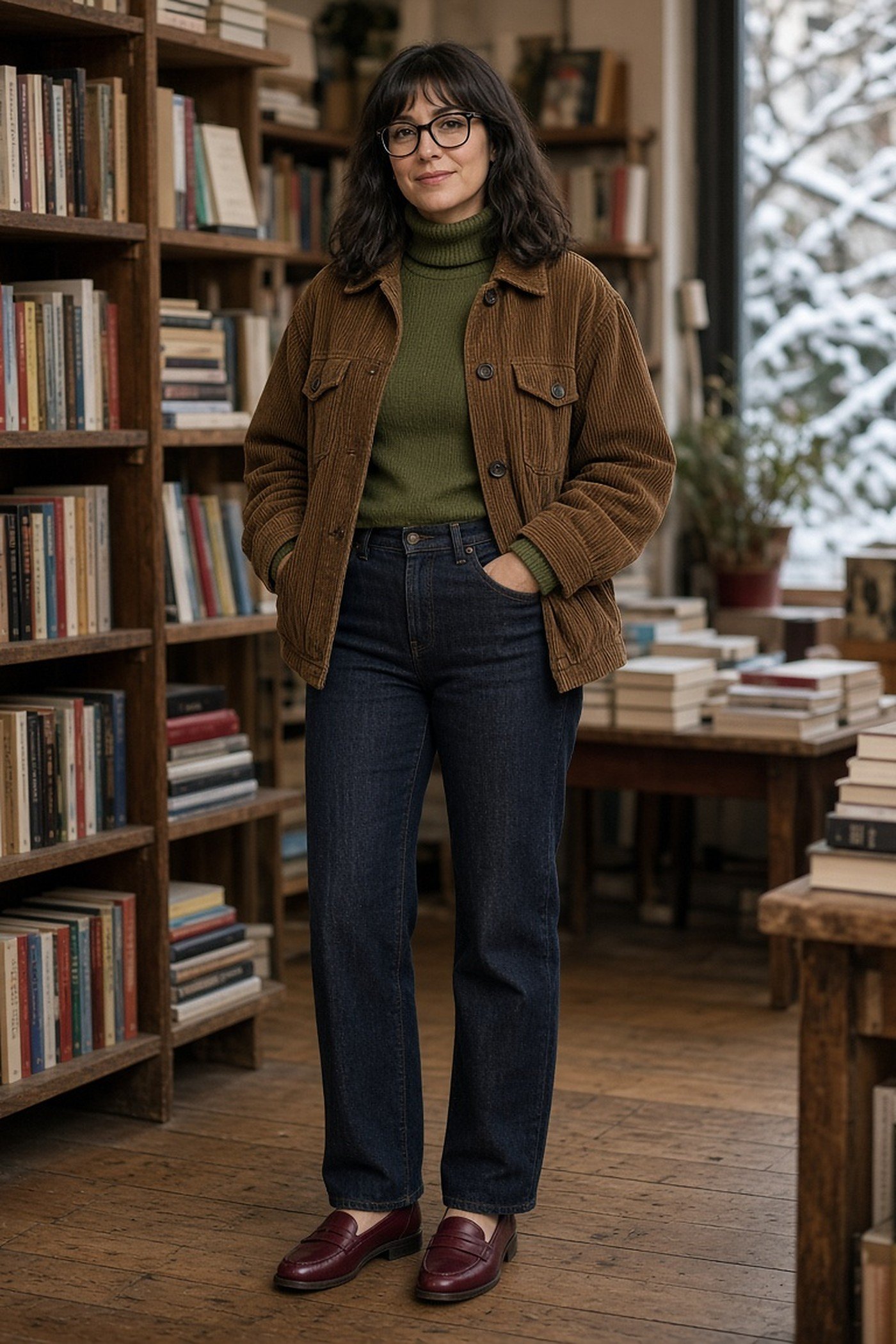 Woman in her 30s in brown corduroy jacket and olive turtleneck