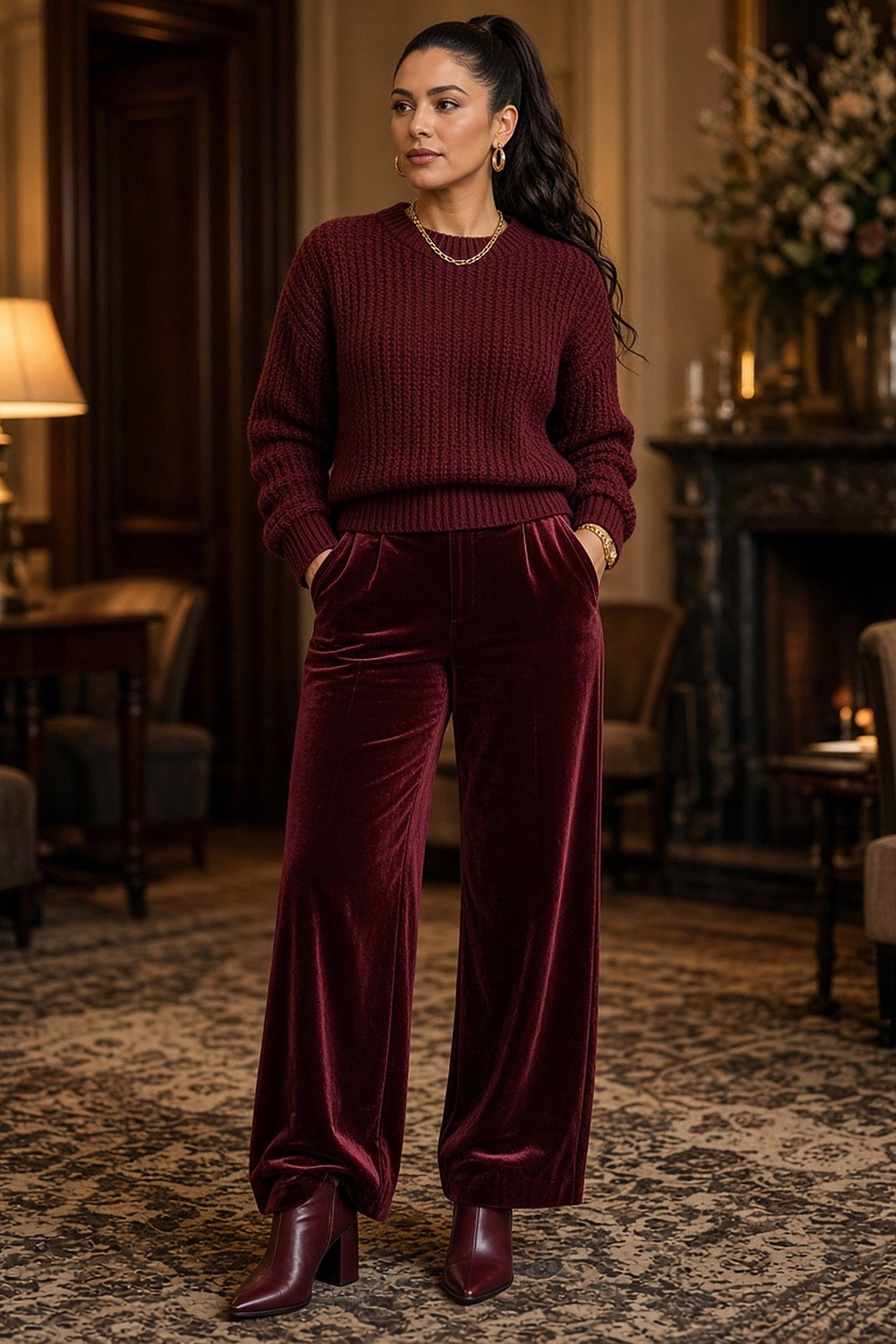 Woman in her 30s in burgundy monochrome knit, velvet trousers and boots