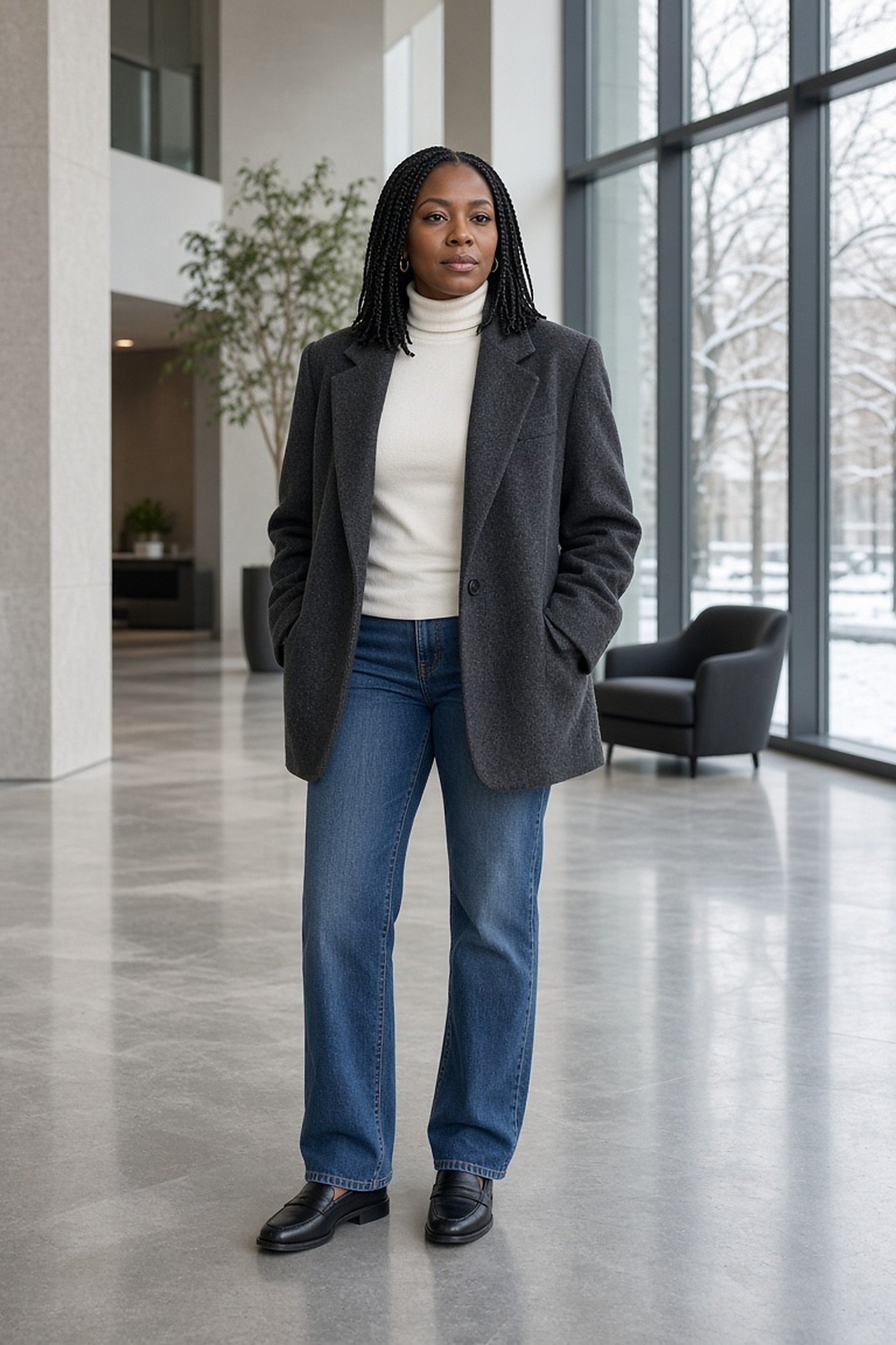 Woman in her 30s in oversized gray blazer and ivory turtleneck with jeans