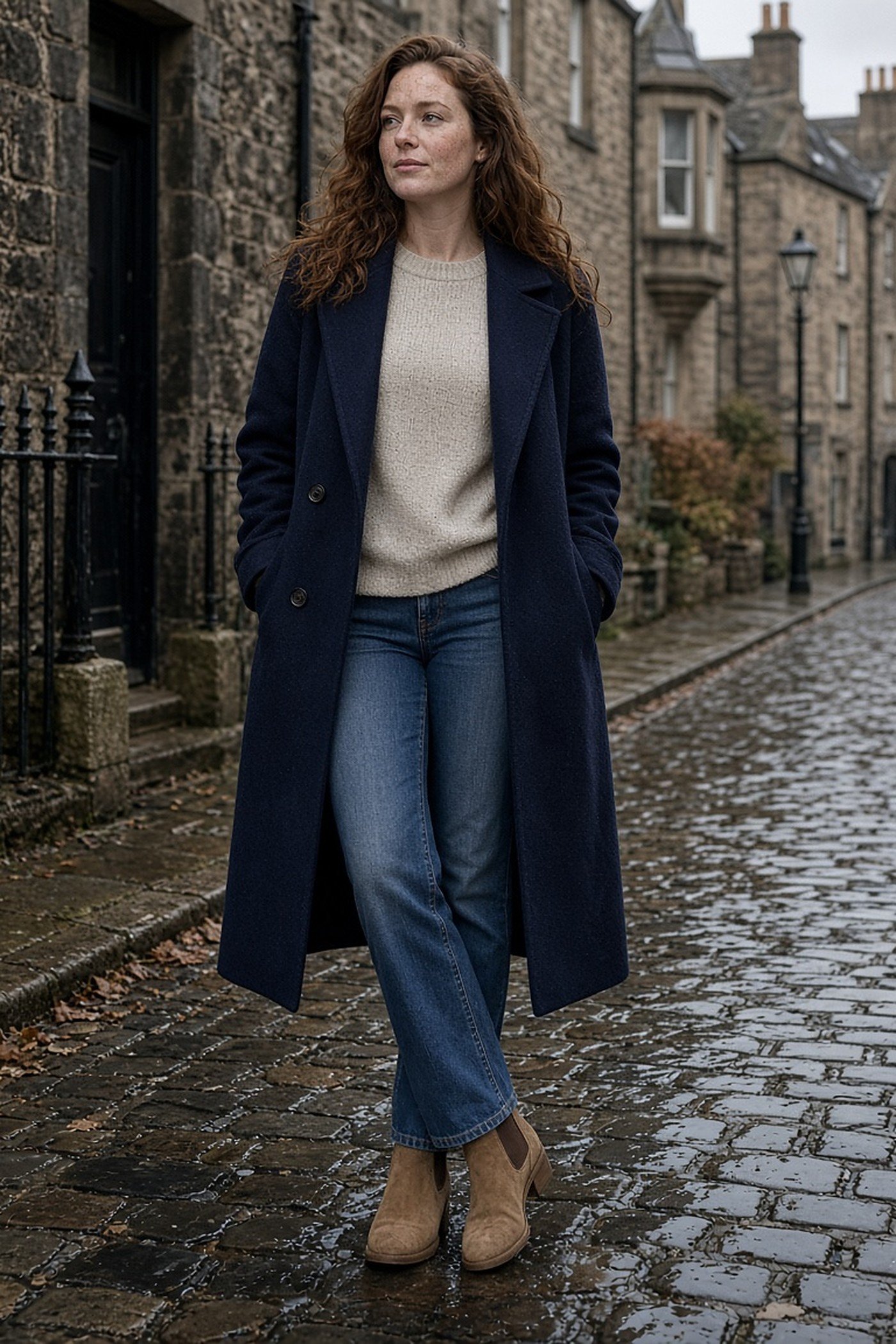 Woman in her 30s in tan Chelsea boots, straight jeans and navy coat