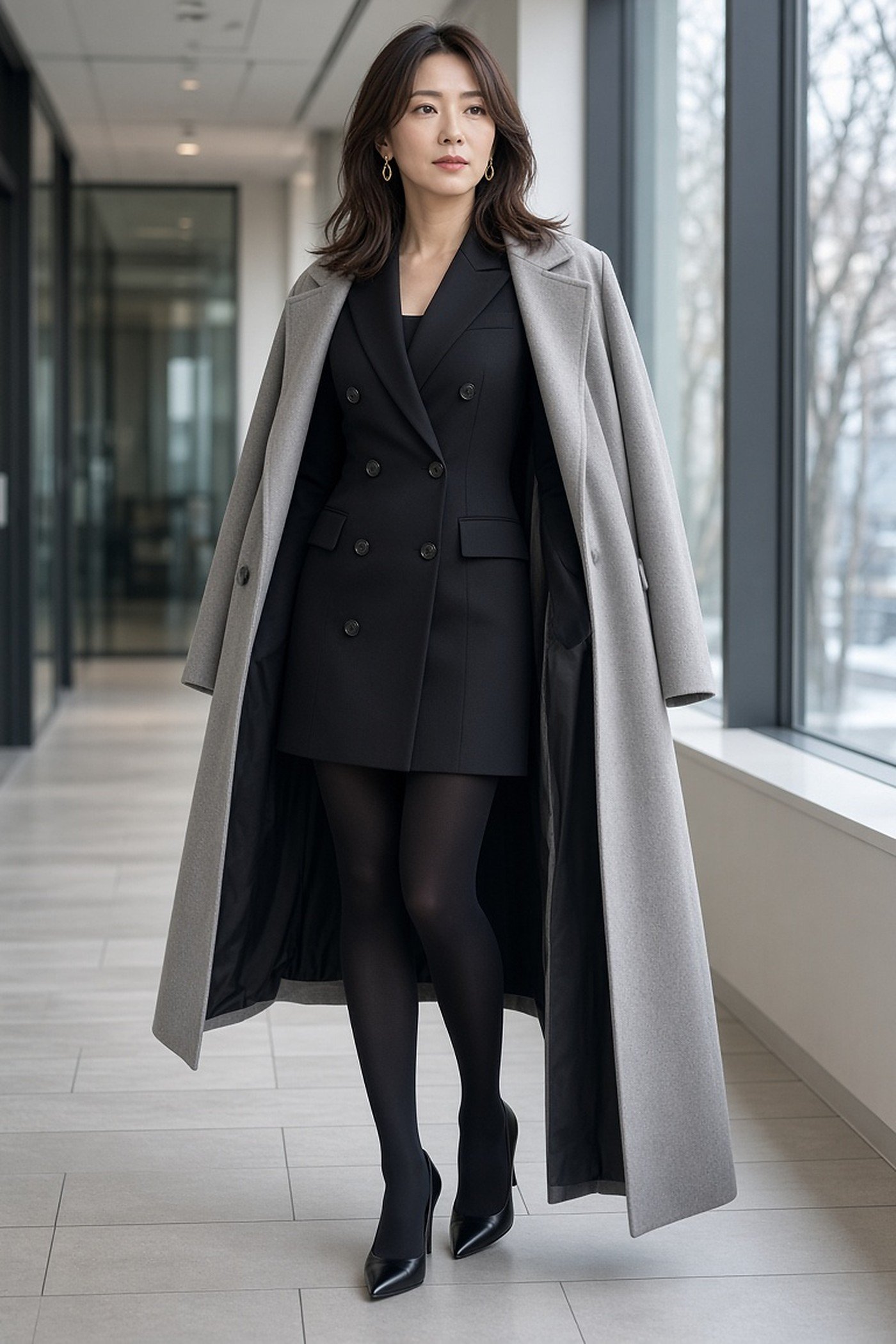 Woman in her 30s in black blazer dress with opaque tights and gray coat