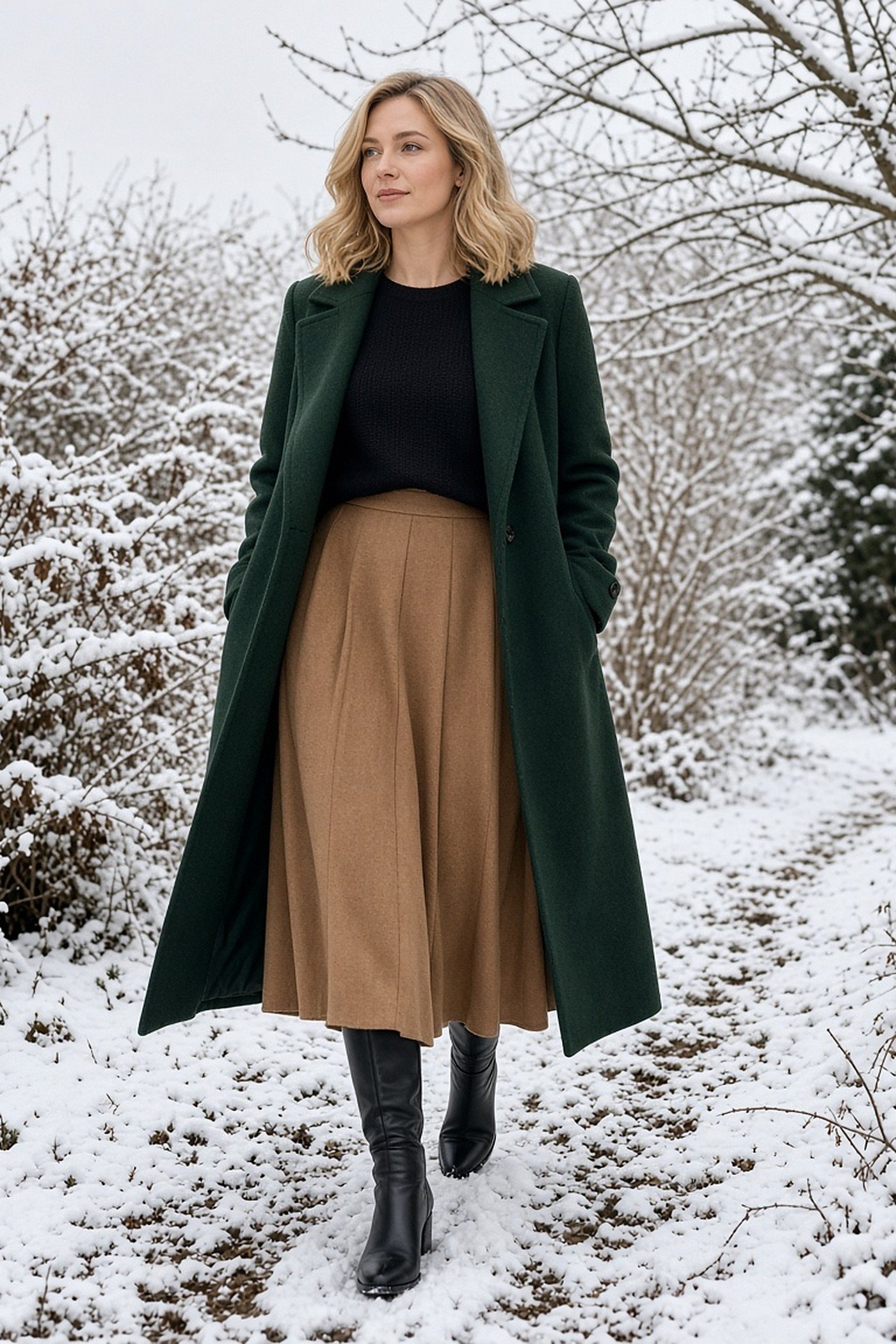 Woman in her 30s in long green coat over a camel midi skirt with knee boots