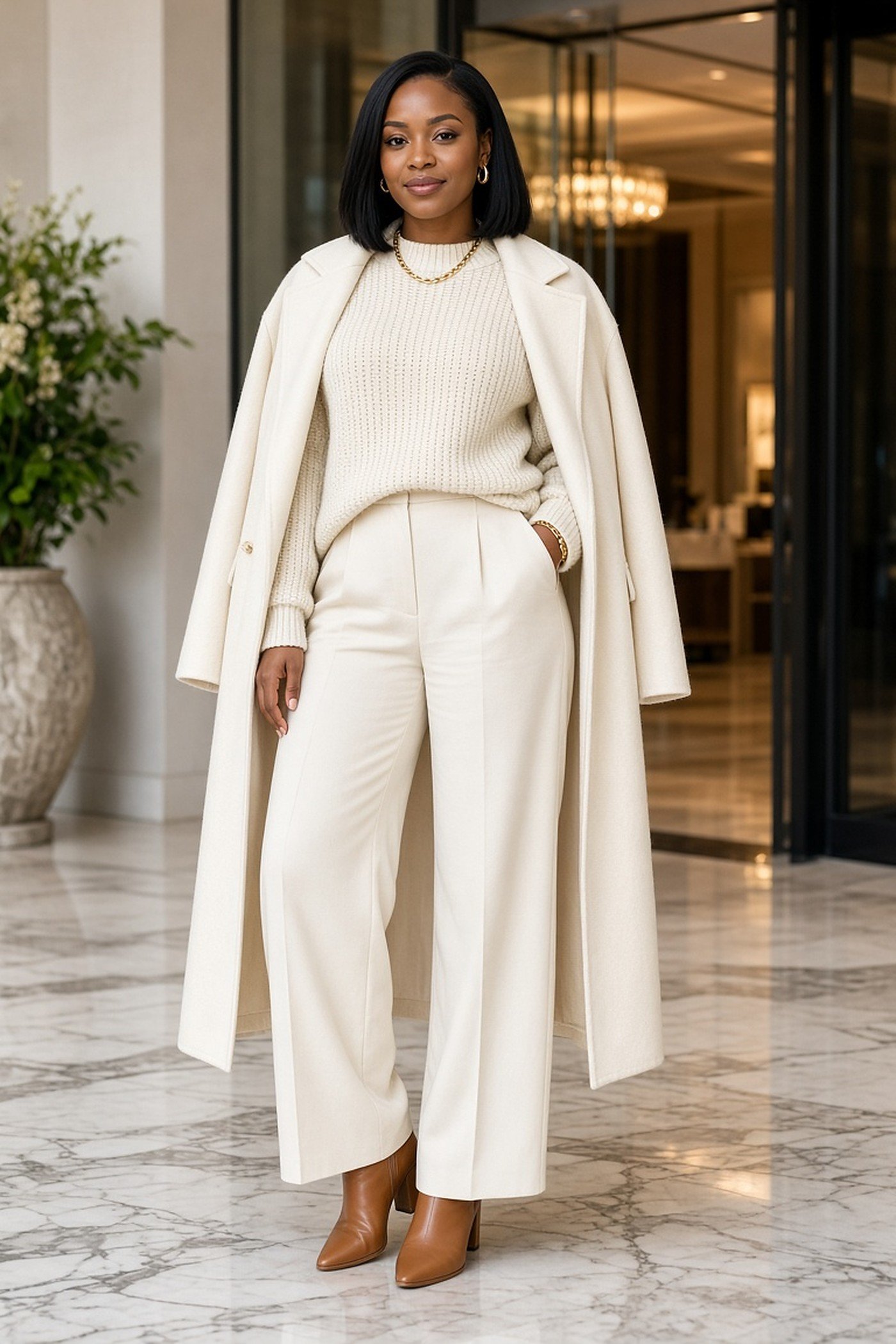 Woman in her 30s in a winter white cream coat, knit and trousers
