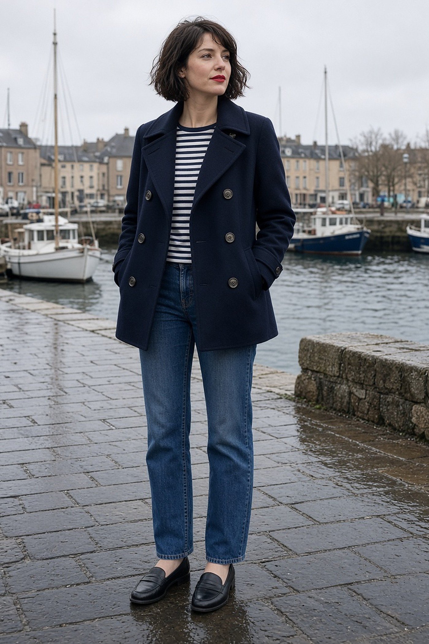Woman in her 30s in navy peacoat and Breton striped top with jeans