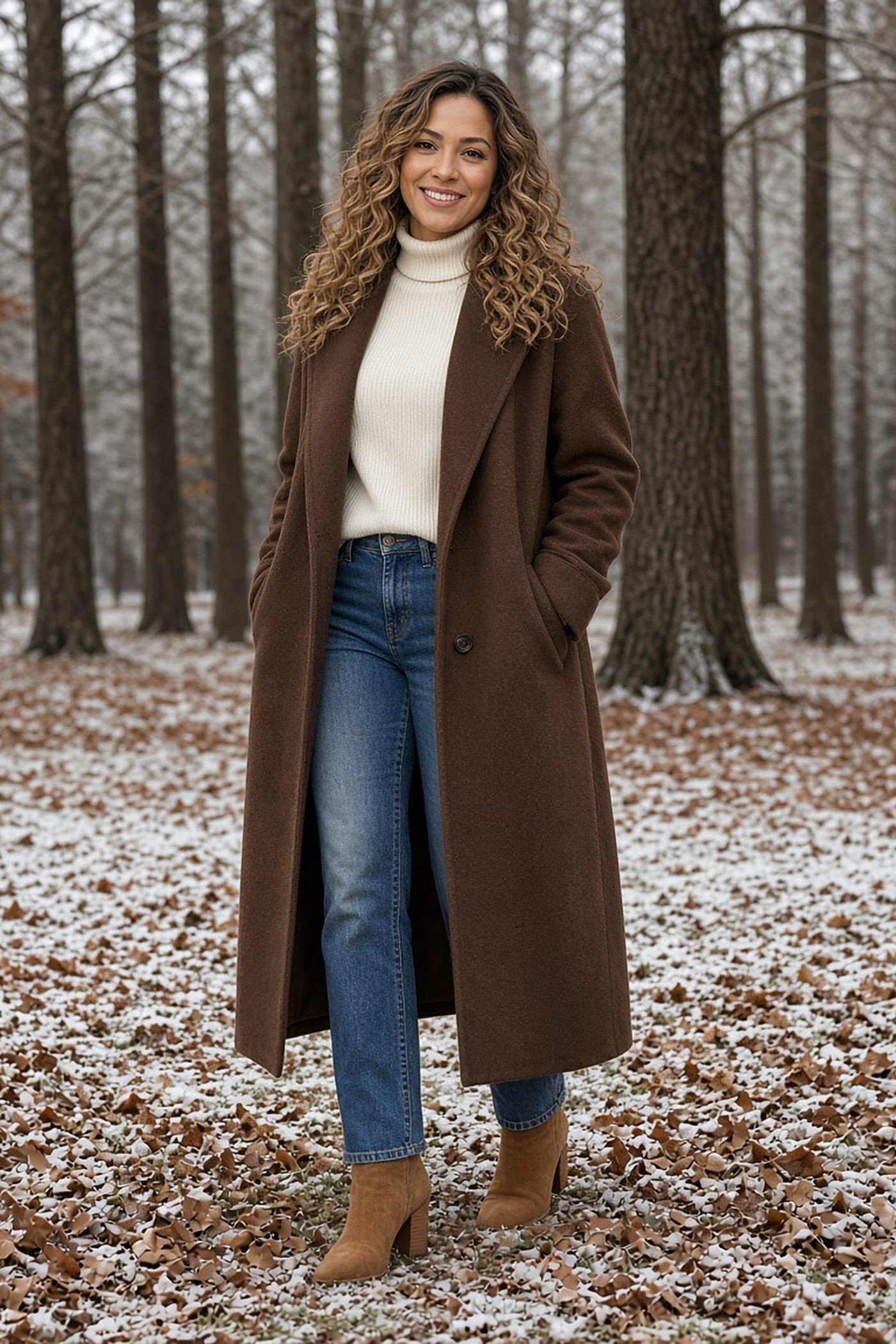 Woman in her 30s in chocolate brown coat, cream turtleneck and jeans