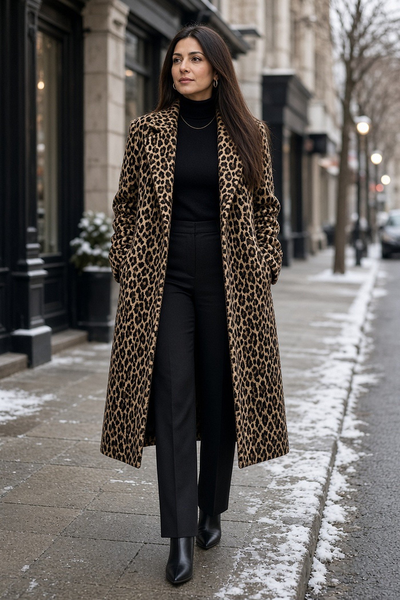 Woman in her 30s in leopard coat over an all-black outfit
