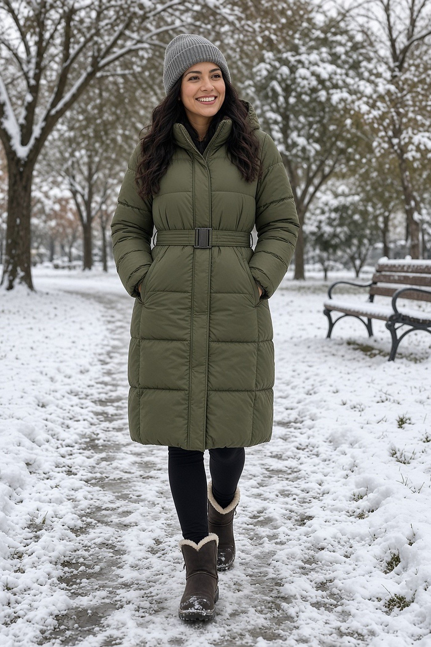 Woman in her 30s in long belted olive puffer coat and leggings in the snow
