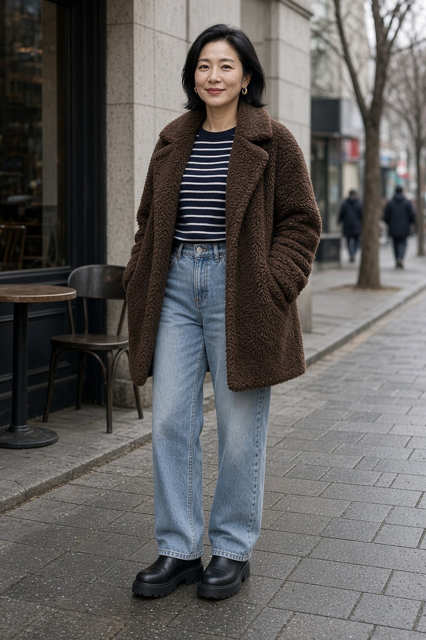 Woman in her 30s in brown teddy coat, striped top and mom jeans