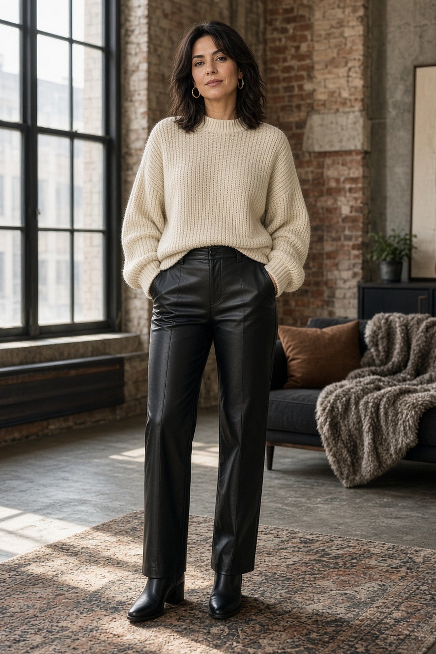 Woman in her 30s in black faux leather trousers and chunky cream knit