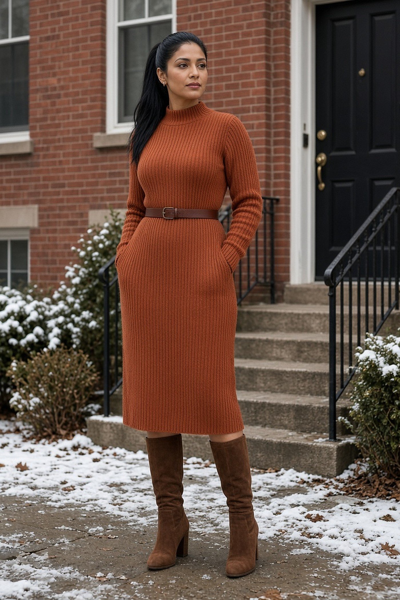 Woman in her 30s in rust sweater dress with belt and brown suede knee boots