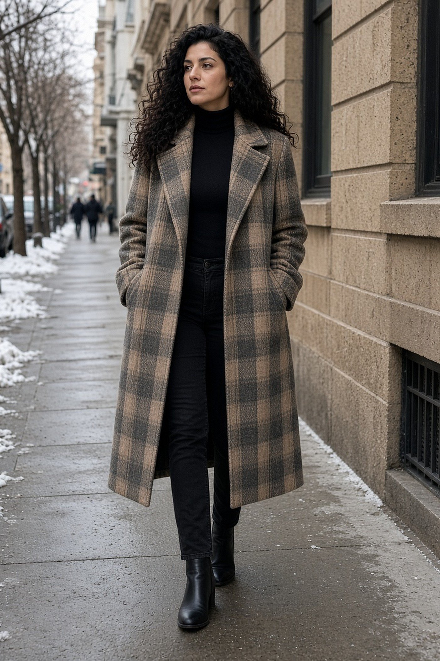 Woman in her 30s in plaid wool coat over an all-black outfit