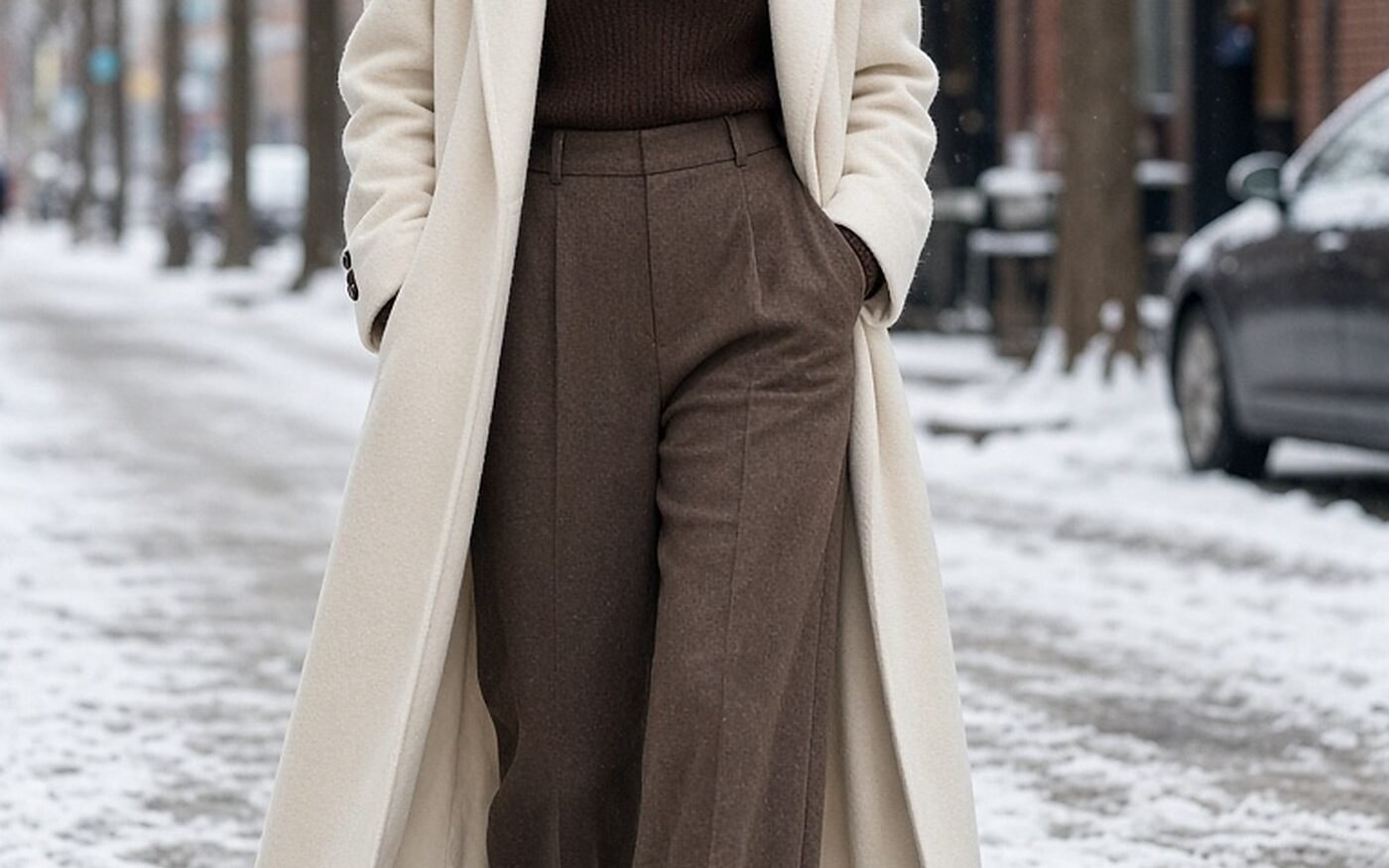 Woman in her 30s in cream wool coat, brown turtleneck and wide trousers on a snowy street