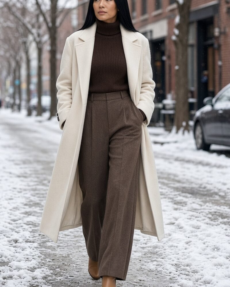 Woman in her 30s in cream wool coat, brown turtleneck and wide trousers on a snowy street