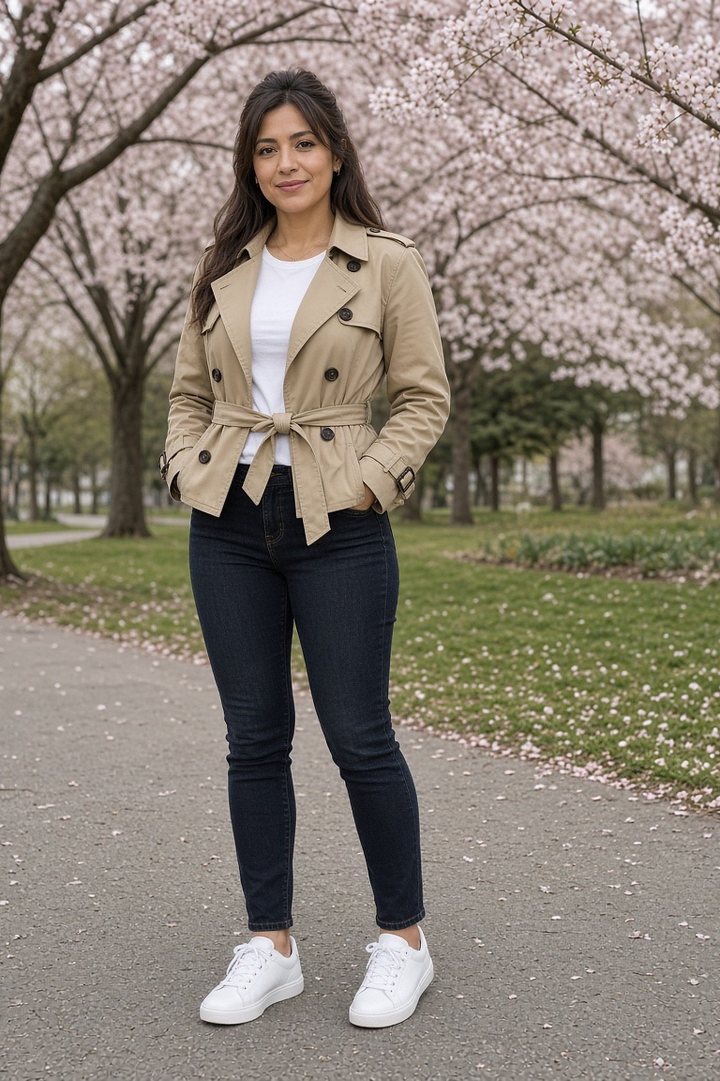 Petite woman in a belted cropped khaki trench and ankle jeans