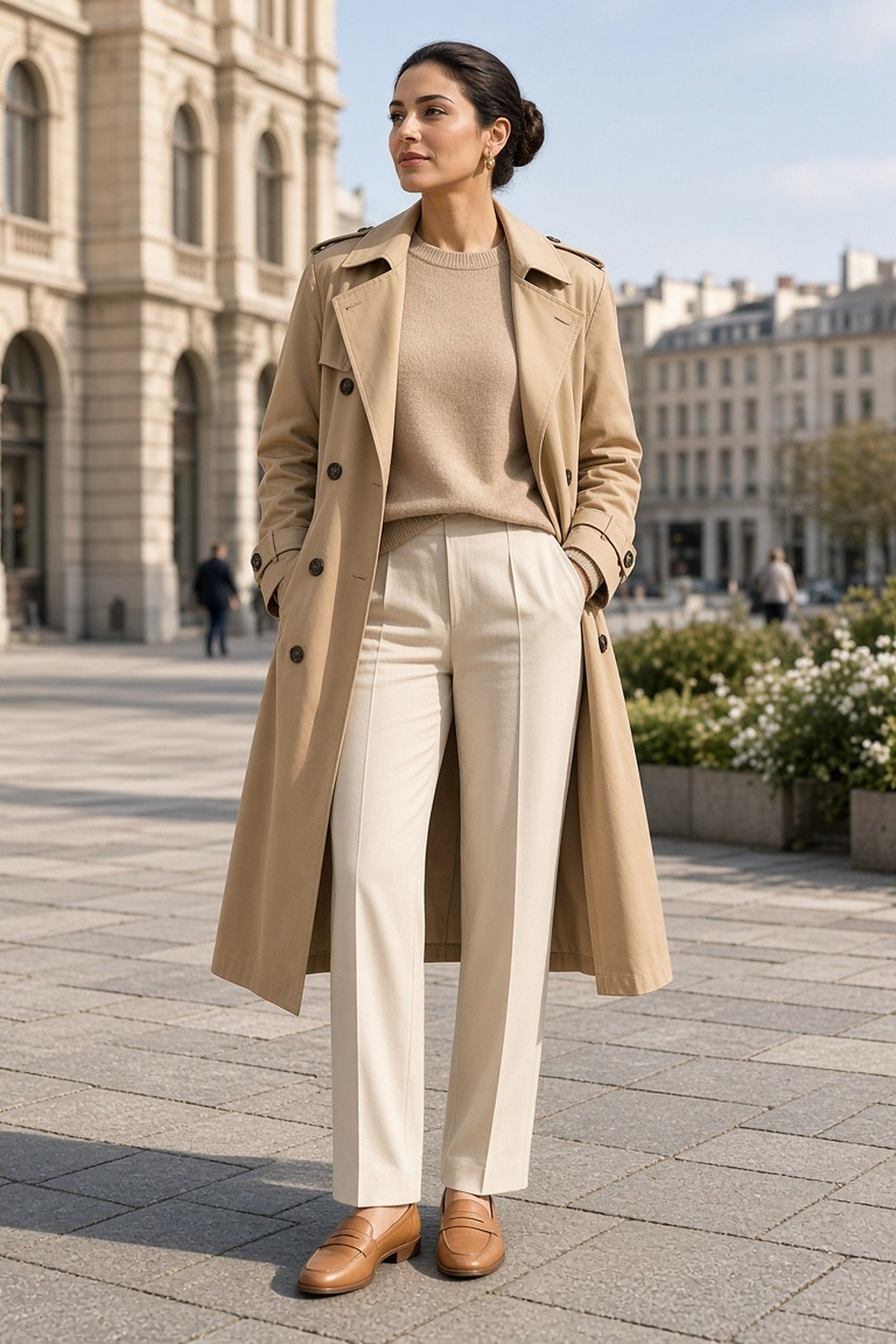 Petite woman in tonal neutrals with a camel trench and cream trousers