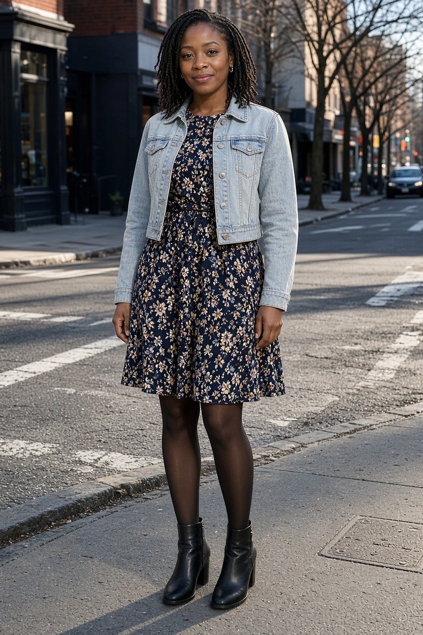 Petite woman in a cropped denim jacket over a navy floral dress with tights
