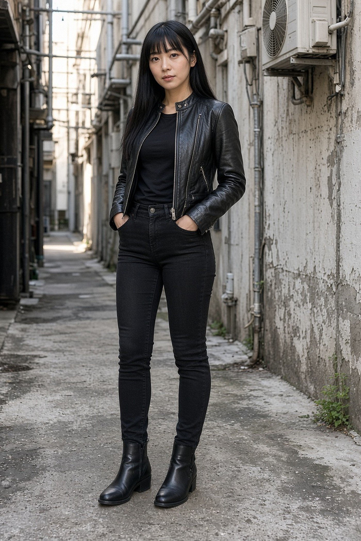 Petite woman in a cropped leather jacket over an all-black outfit