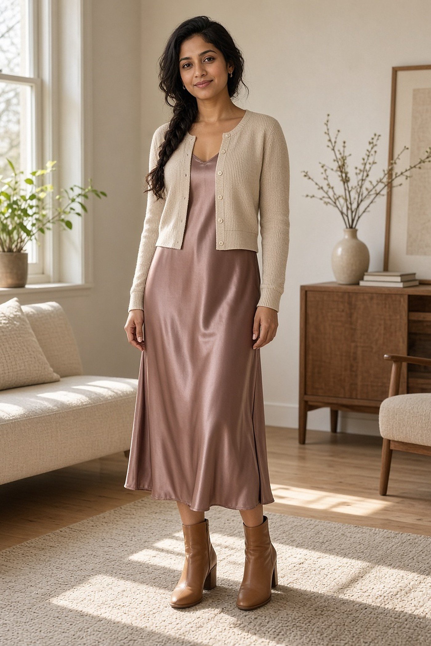 Petite woman in a fitted cardigan over a dusty rose satin slip dress