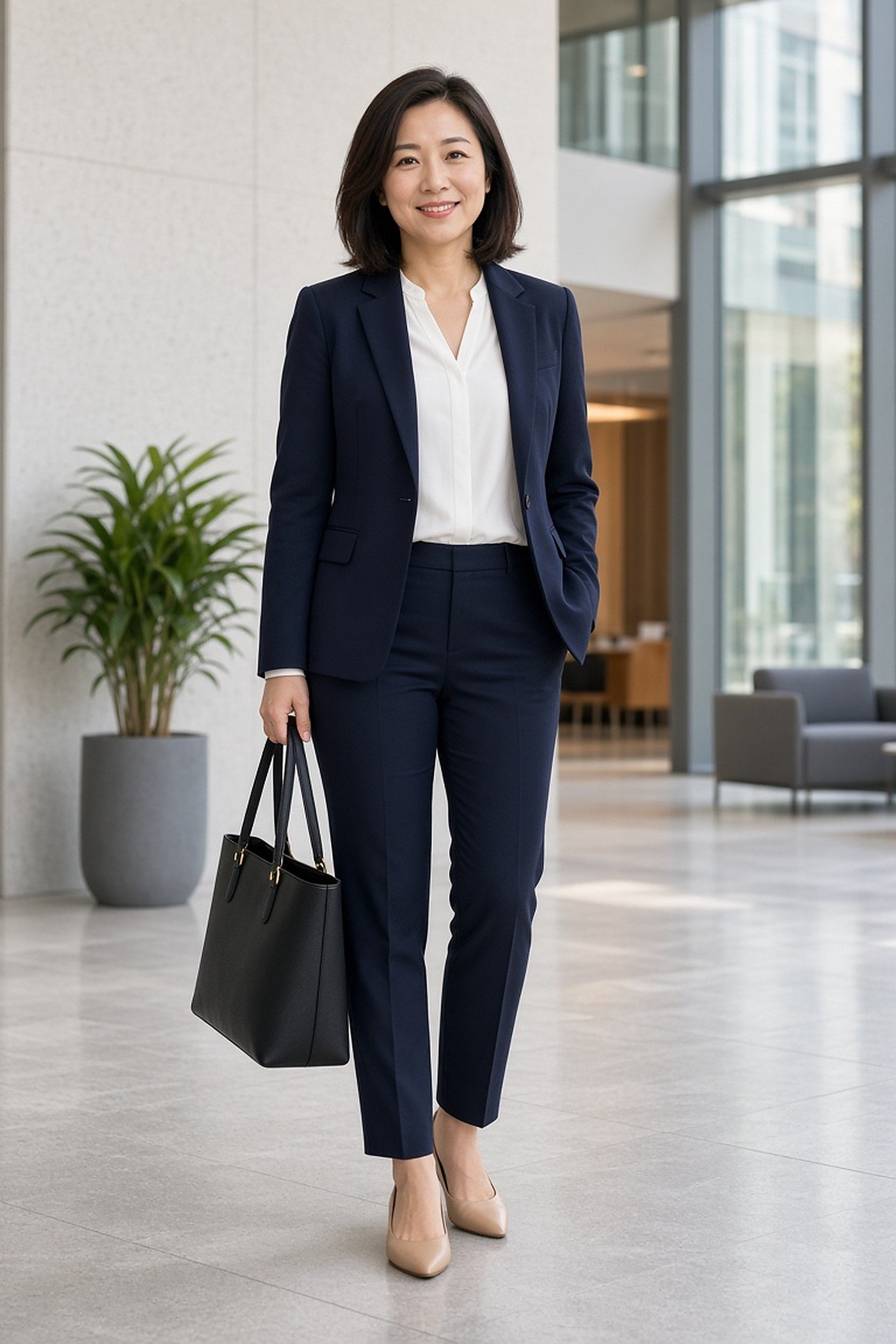 Petite woman in a short navy blazer and cropped trousers for the office