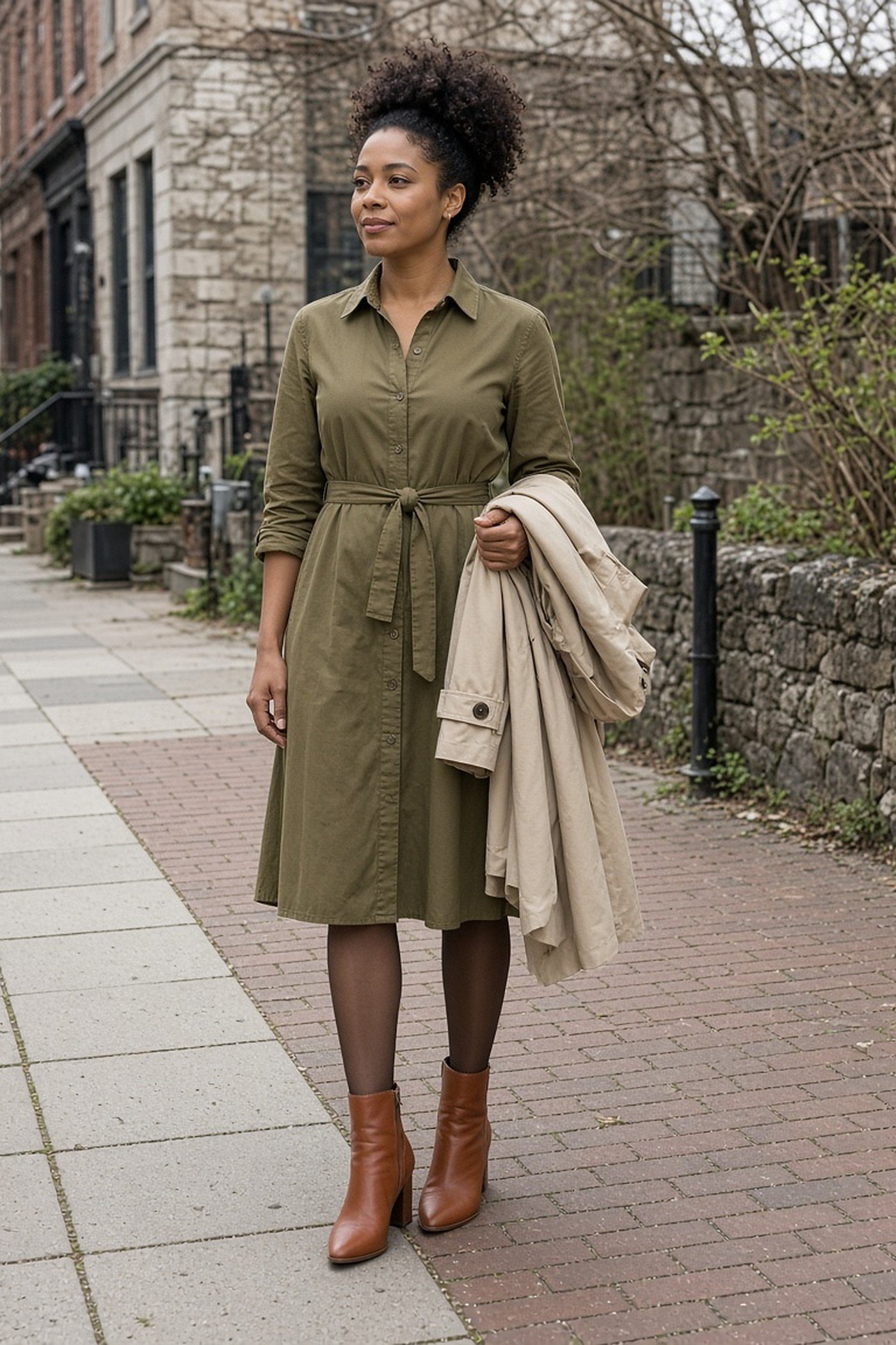 Petite woman in a belted olive shirt dress with tights and ankle boots
