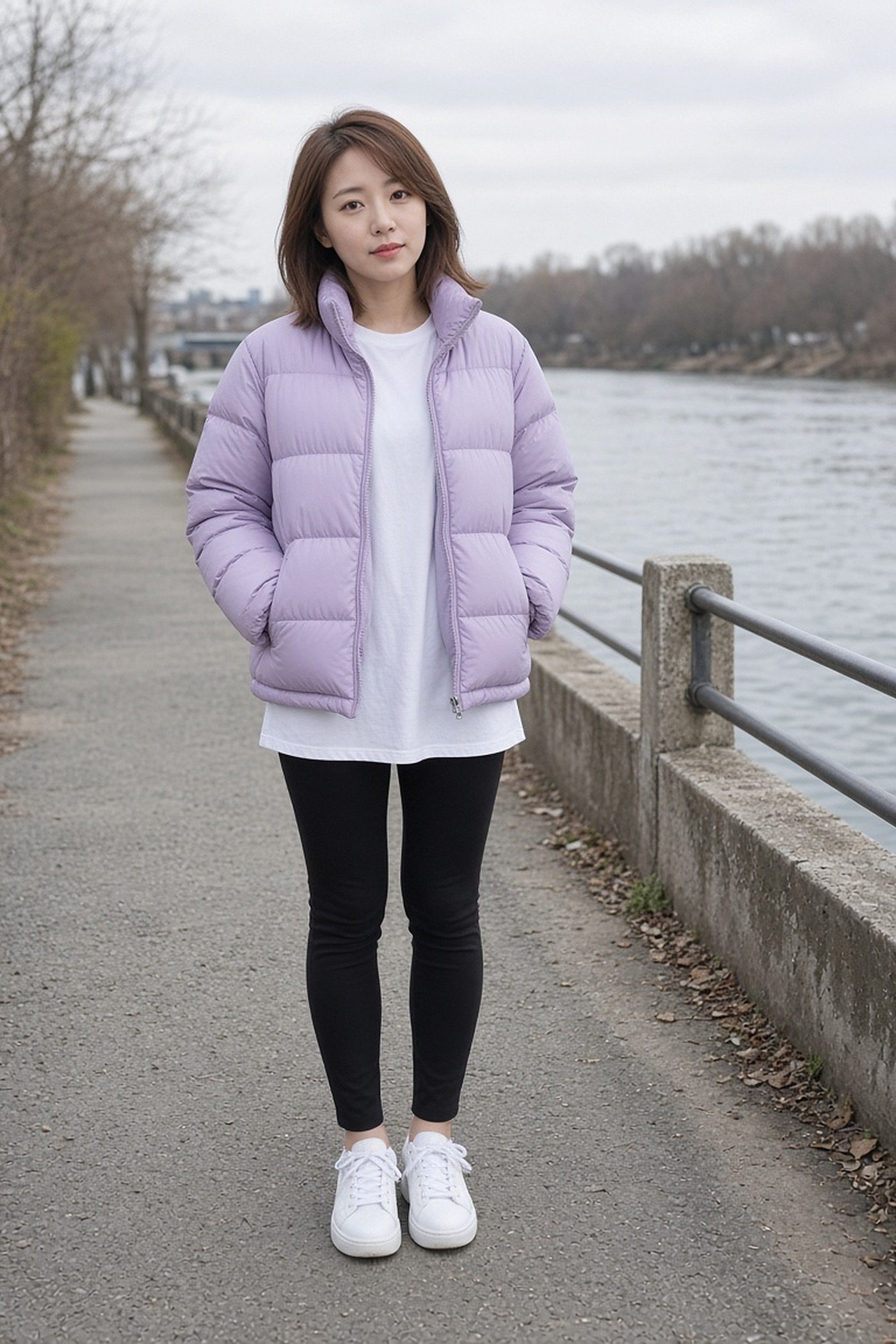 Petite woman in a light lilac puffer jacket and leggings
