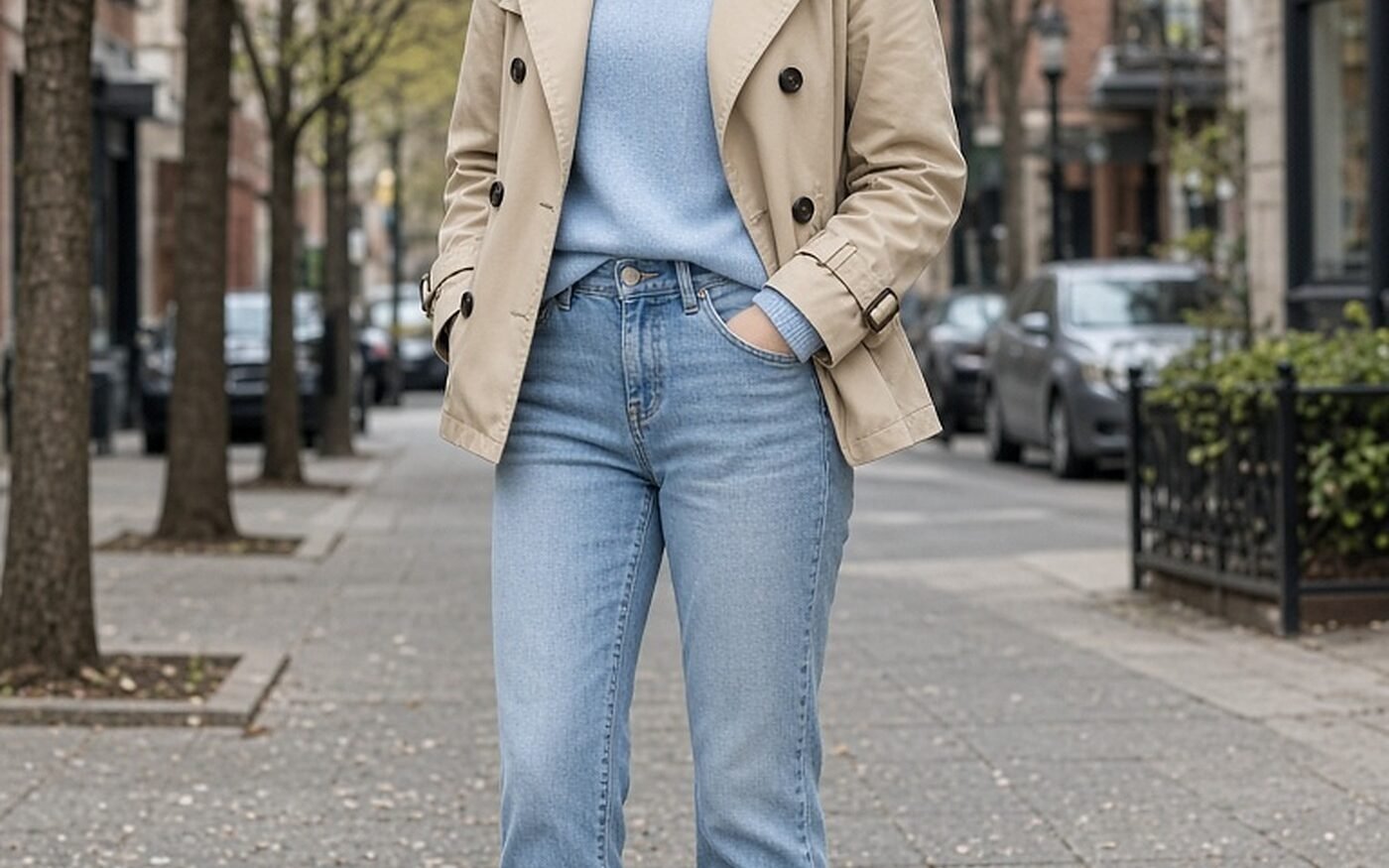 Petite woman in a short beige trench coat, blue knit and cropped jeans in early spring