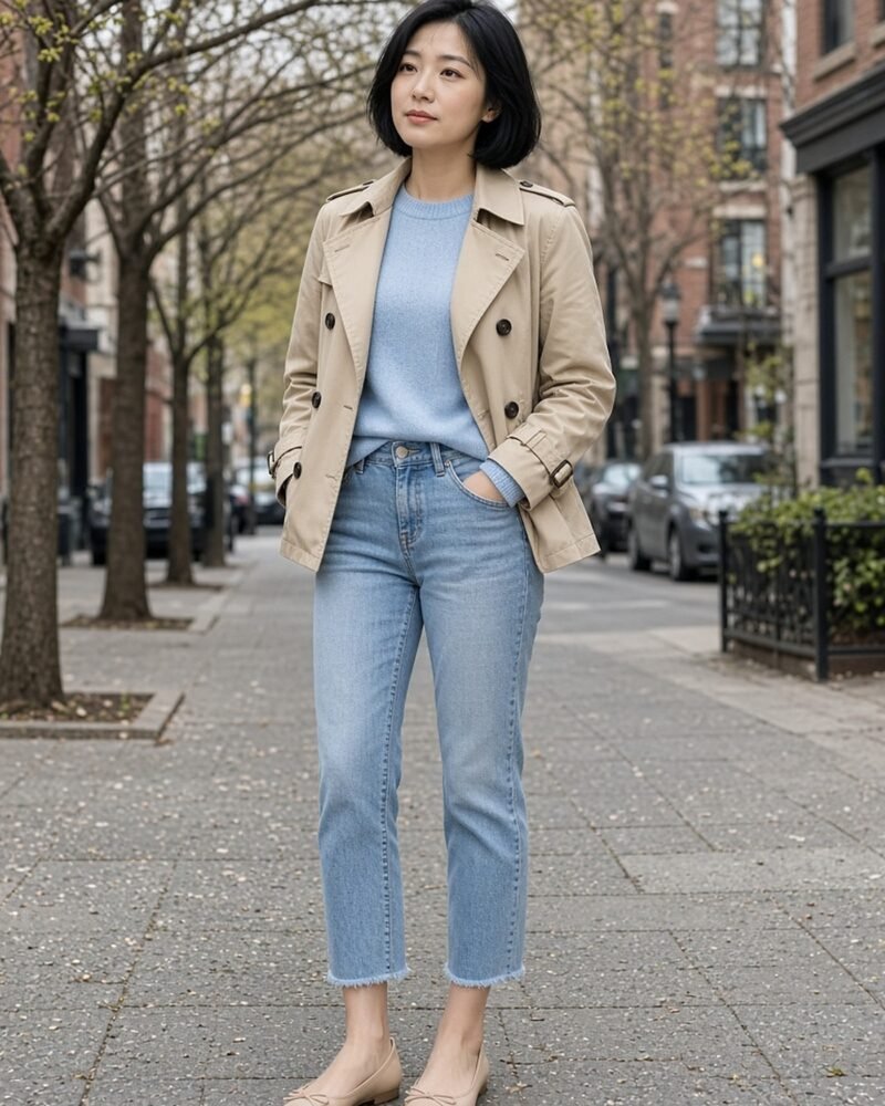 Petite woman in a short beige trench coat, blue knit and cropped jeans in early spring