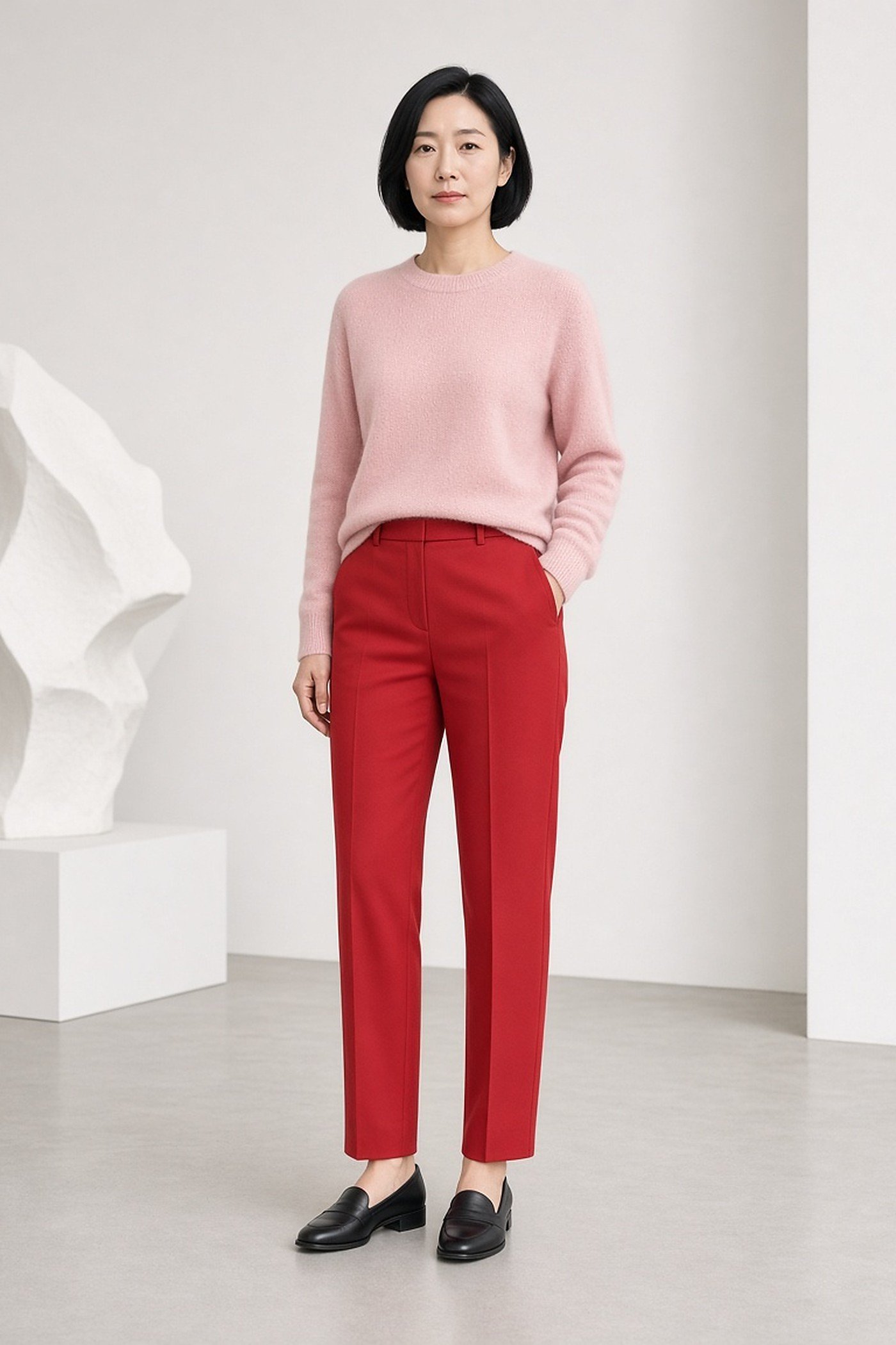 Woman over 40 in a blush pink sweater and red tailored trousers