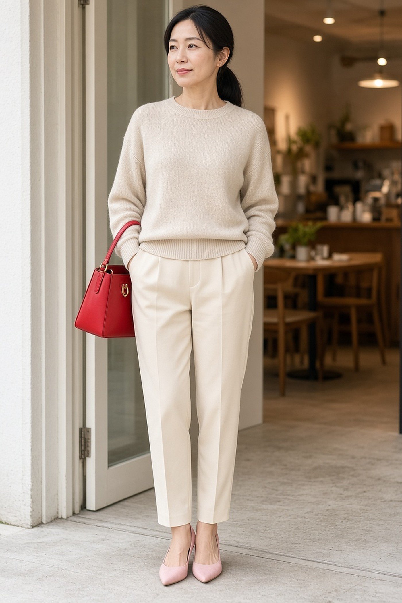 Woman over 40 in neutral cream outfit with a red bag and pink pumps