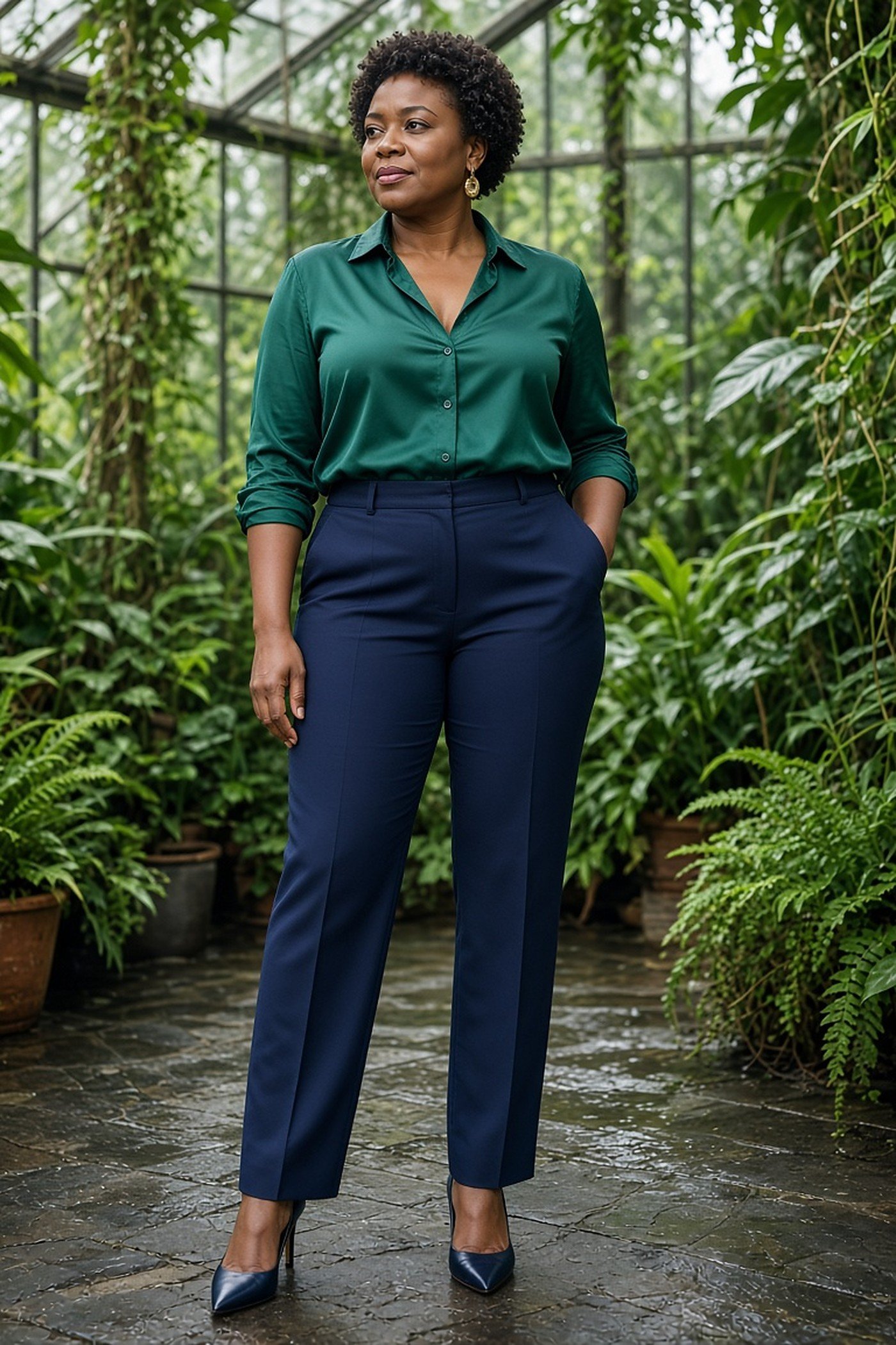 Black woman over 40 in an emerald green blouse and navy trousers in a greenhouse