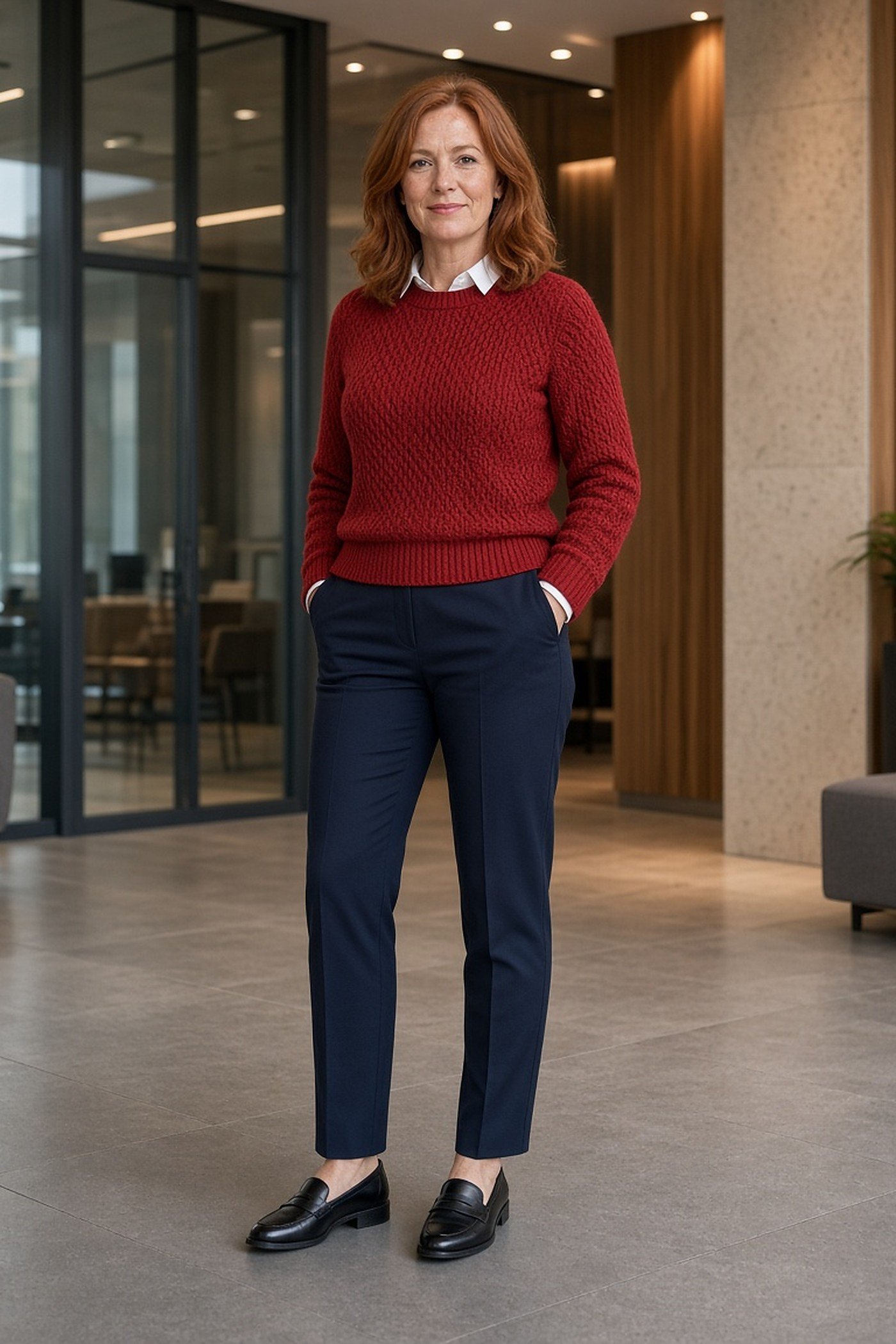 Woman over 40 in a red sweater and navy trousers for work