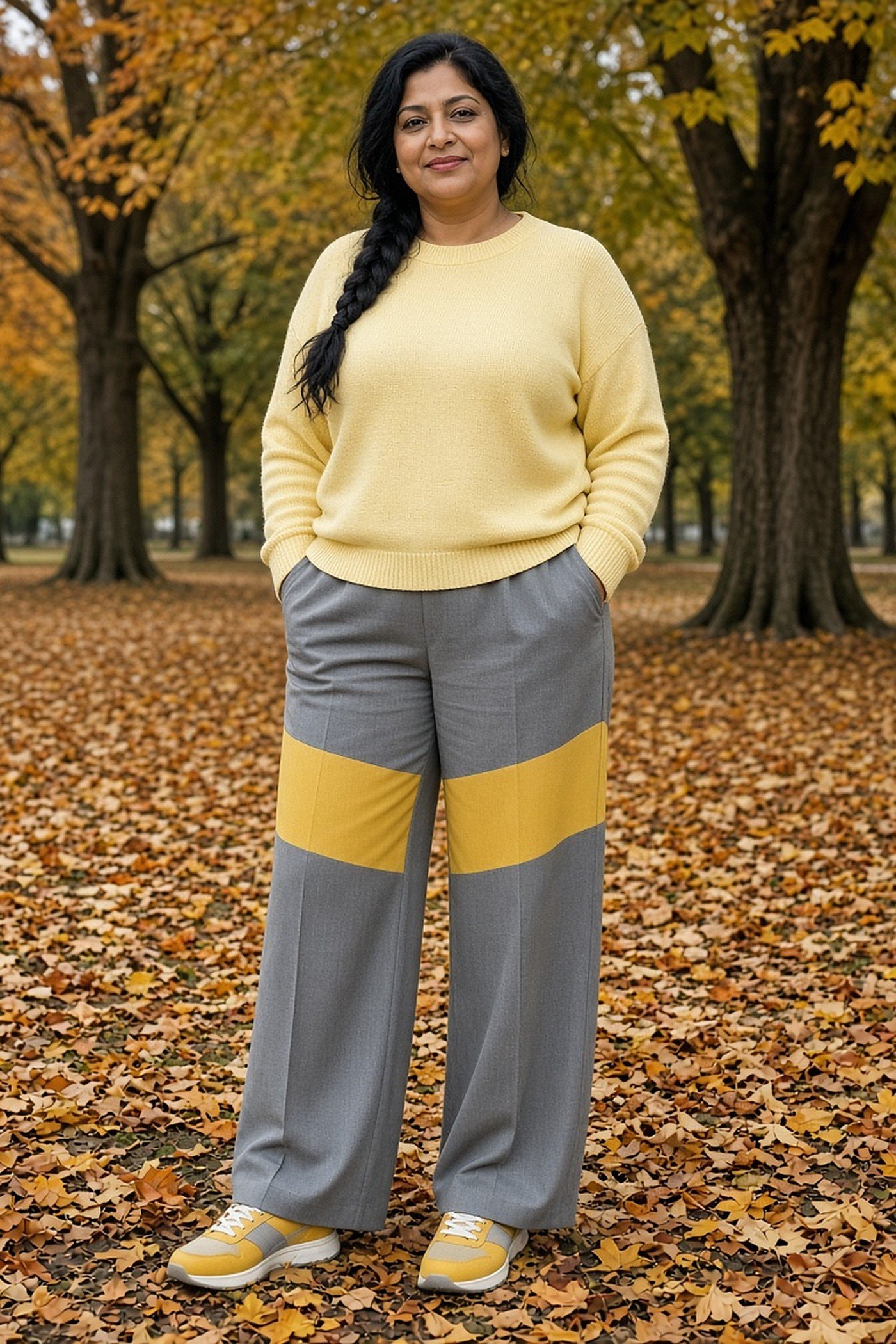 Woman over 40 in a butter yellow sweater and gray wide-leg trousers in an autumn park