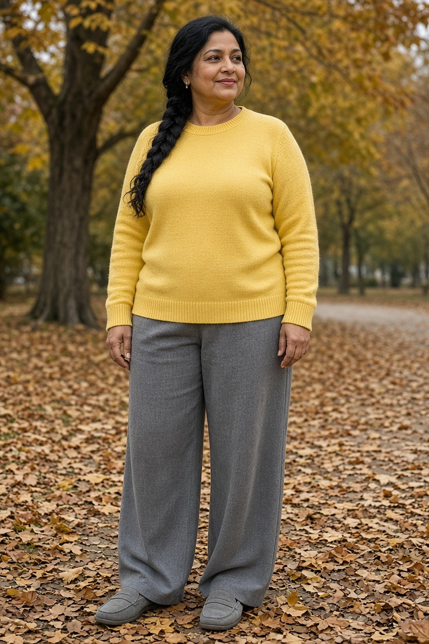 Woman over 40 in a lavender sweater and olive trousers on a cobblestone square
