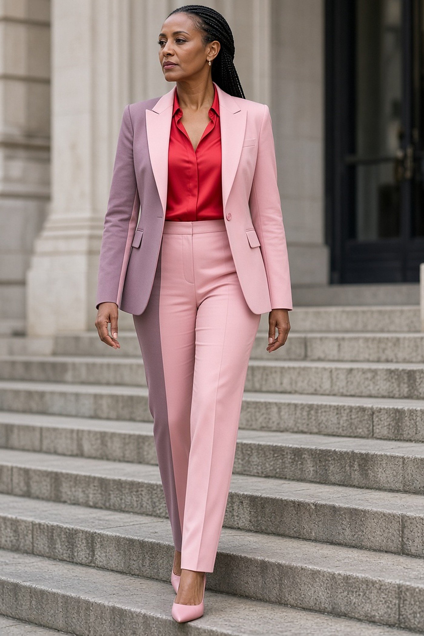 Woman over 40 in a pink trouser suit with a red blouse