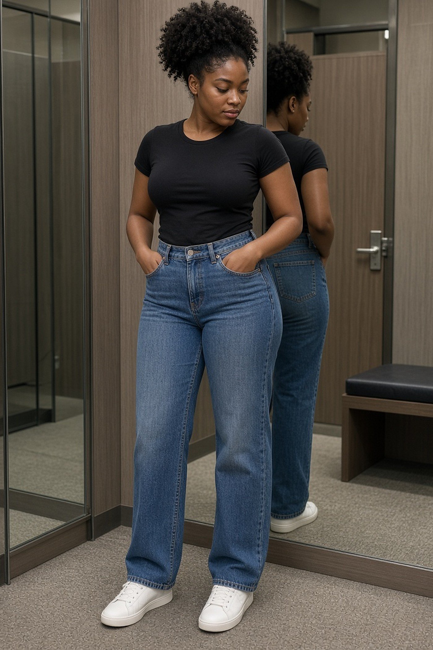 Woman in her 20s in great-fitting high-rise straight jeans and a black tee