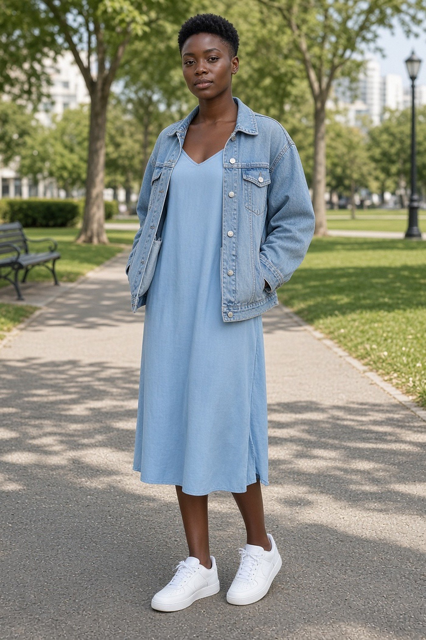 Black woman in her 20s in white sneakers with a light blue midi dress and denim jacket