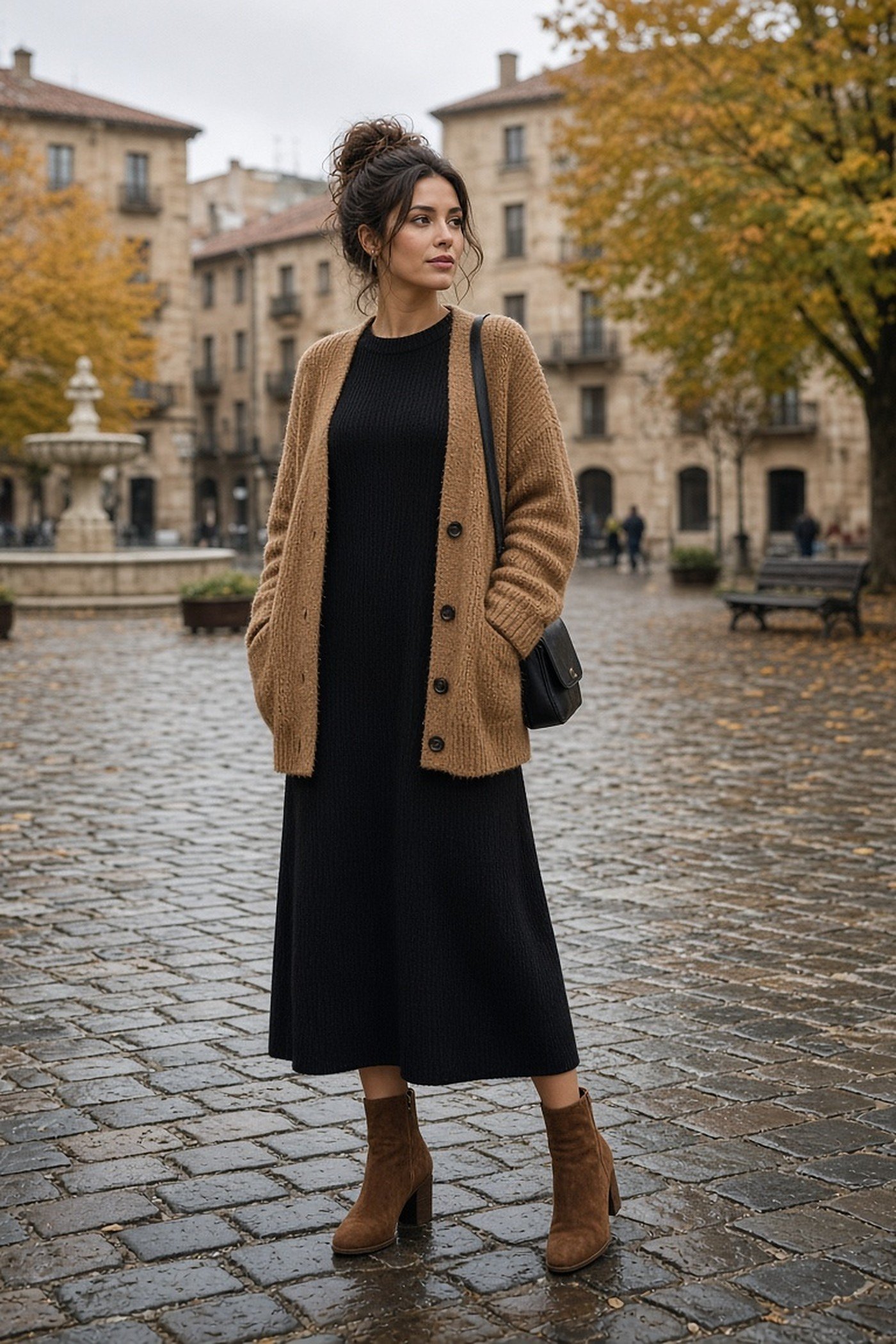 Woman in her 20s in brown suede ankle boots with a black knit dress
