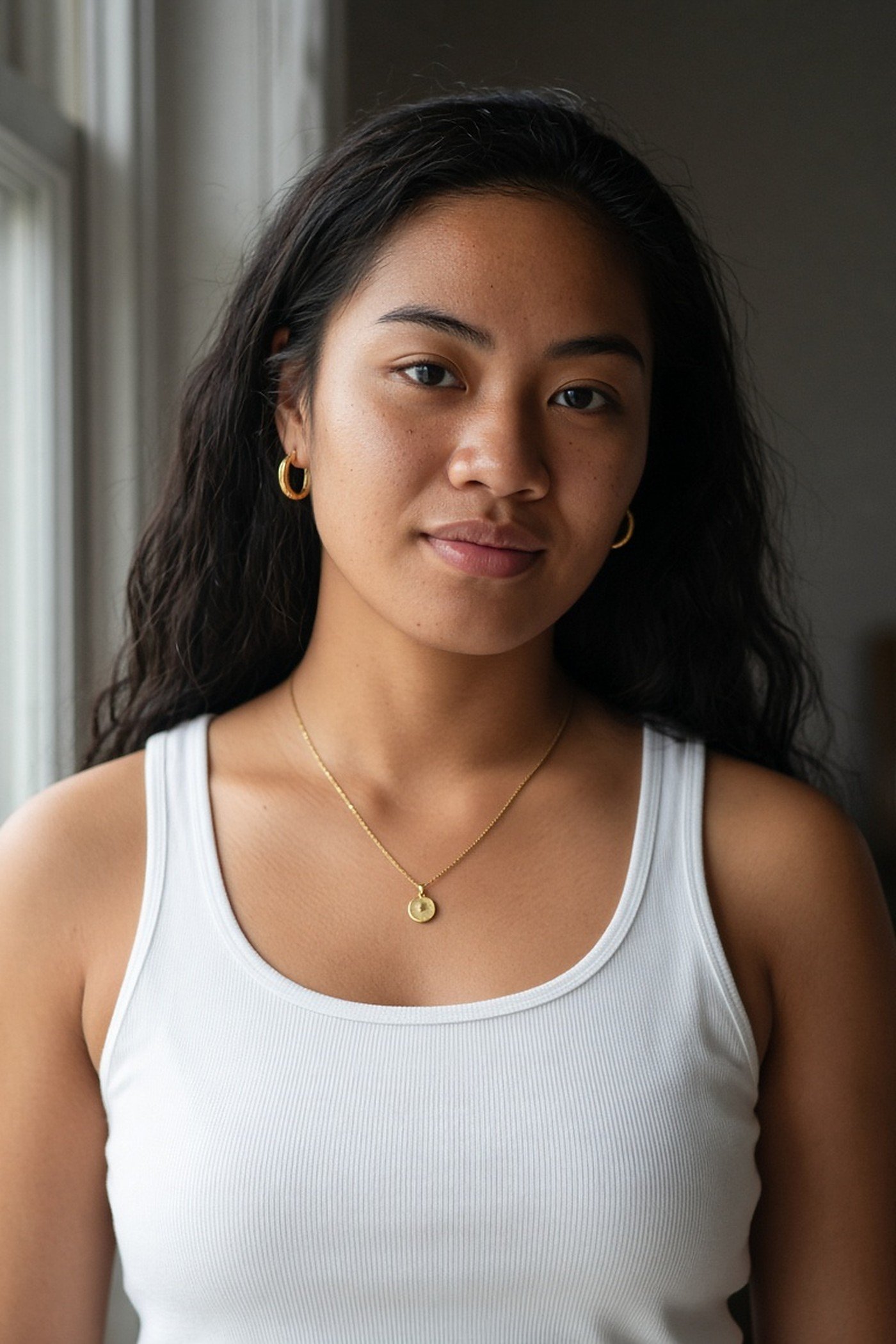 Woman in her 20s wearing small gold hoops and a fine gold pendant necklace