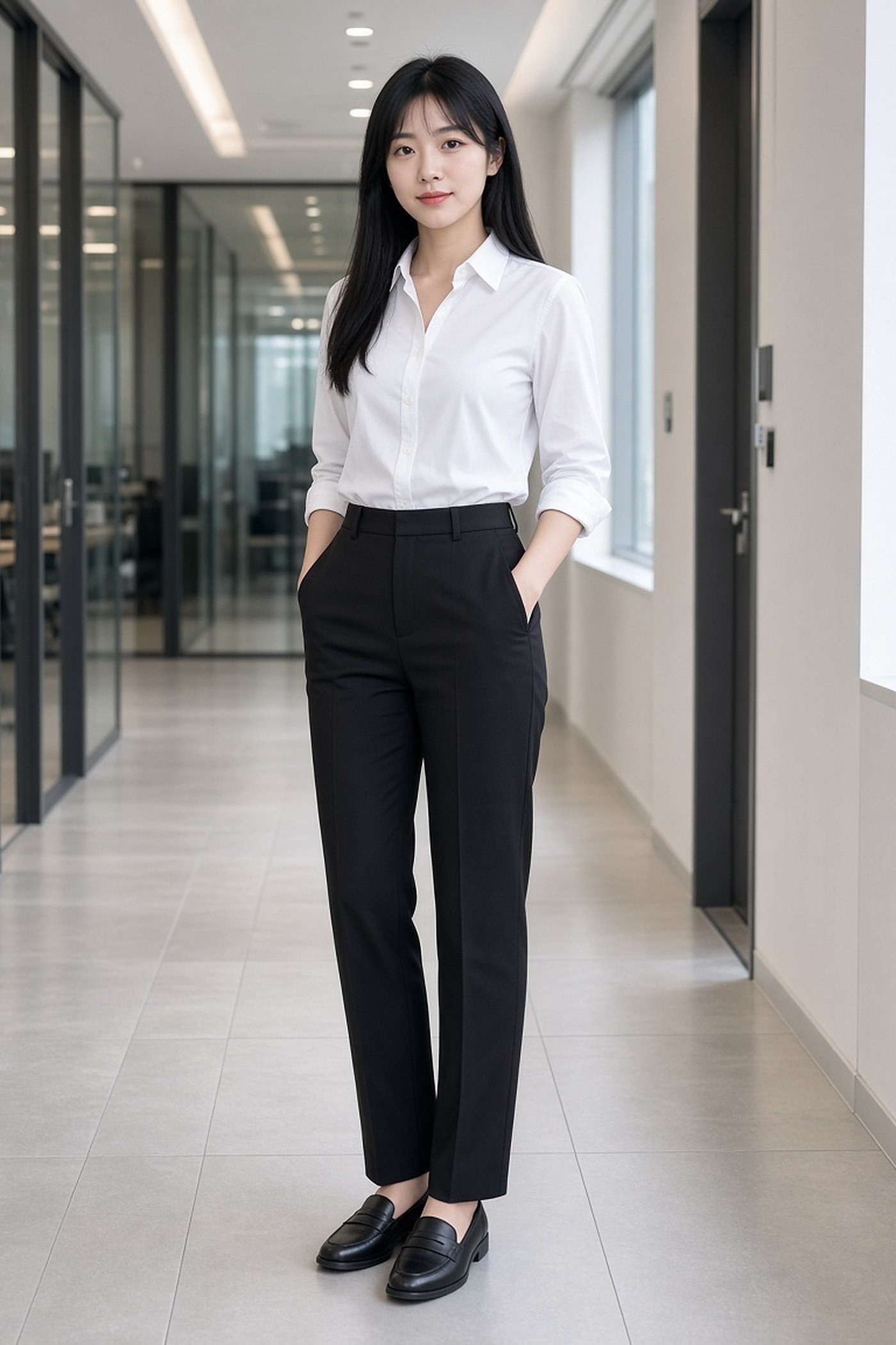 Woman in her 20s in a crisp white button-down shirt and black trousers