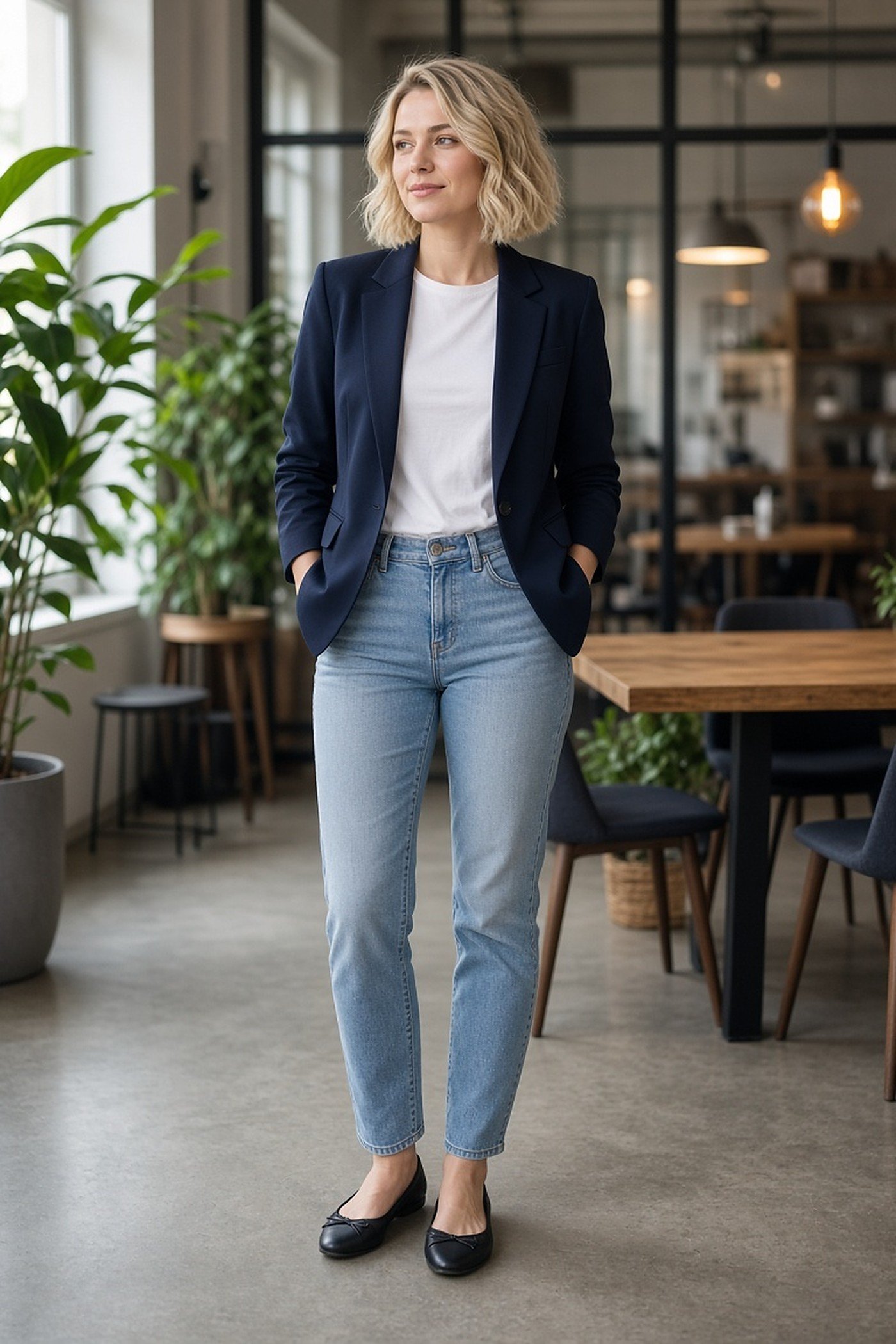 Woman in her 20s in a navy blazer with a white tee and light jeans