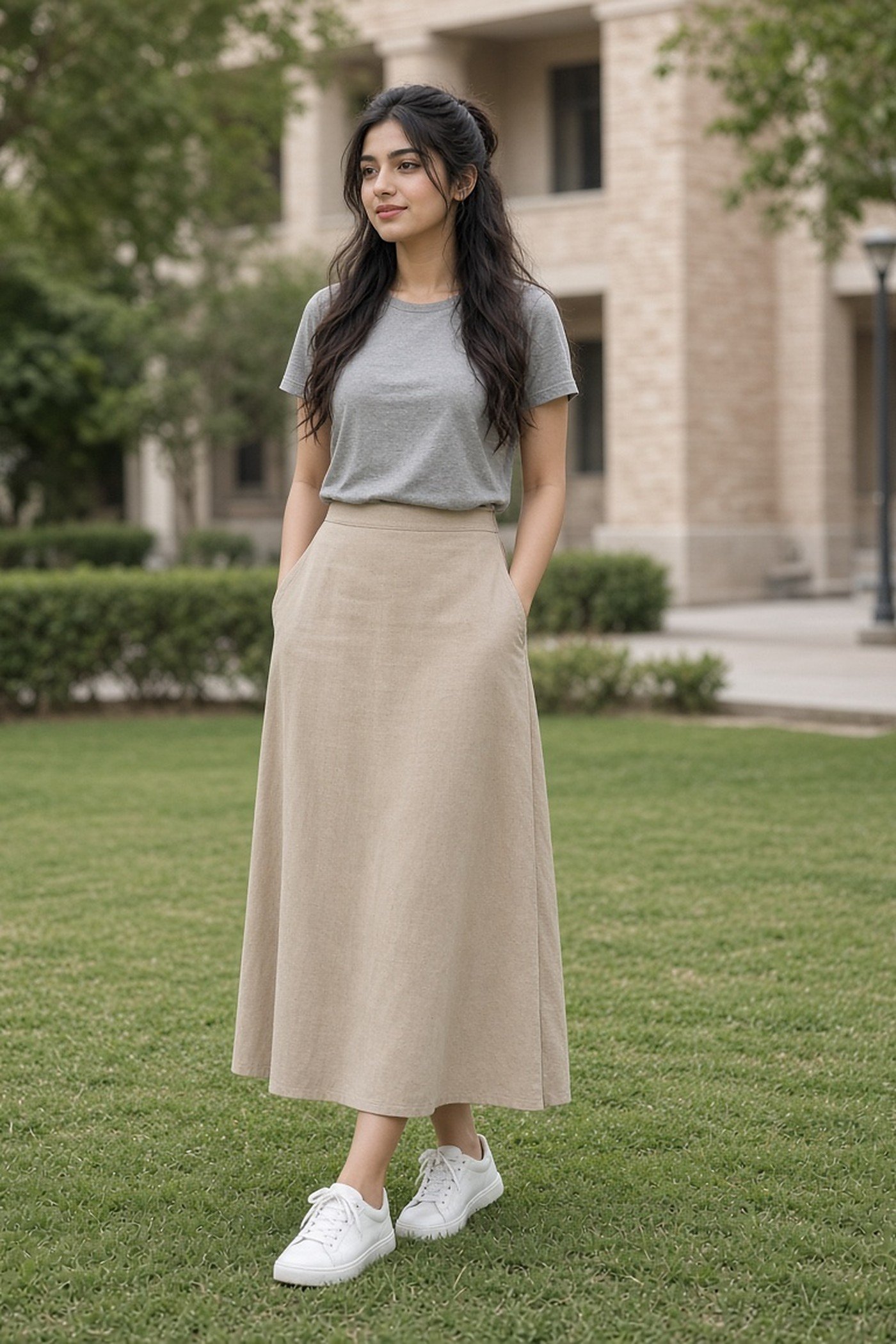 Woman in her 20s in a gray basic t-shirt and beige midi skirt