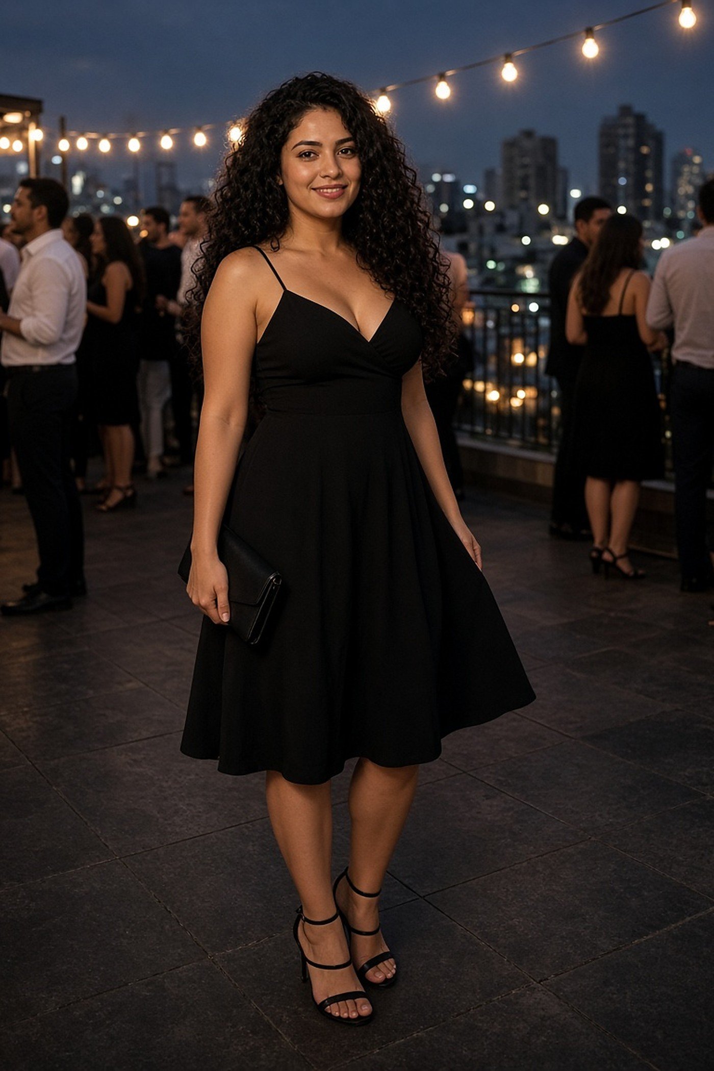 Woman in her 20s in a little black dress at a rooftop party