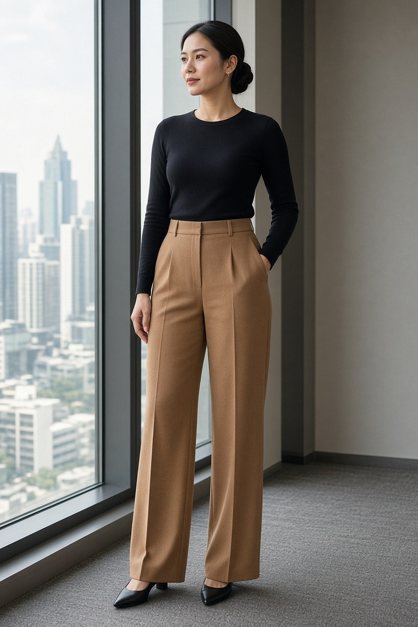 Woman in her 20s in camel tailored trousers and a black knit top