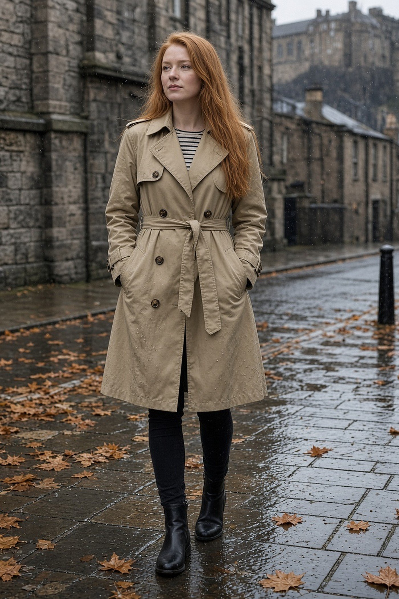Woman in her 20s in a belted khaki trench coat on a rainy street