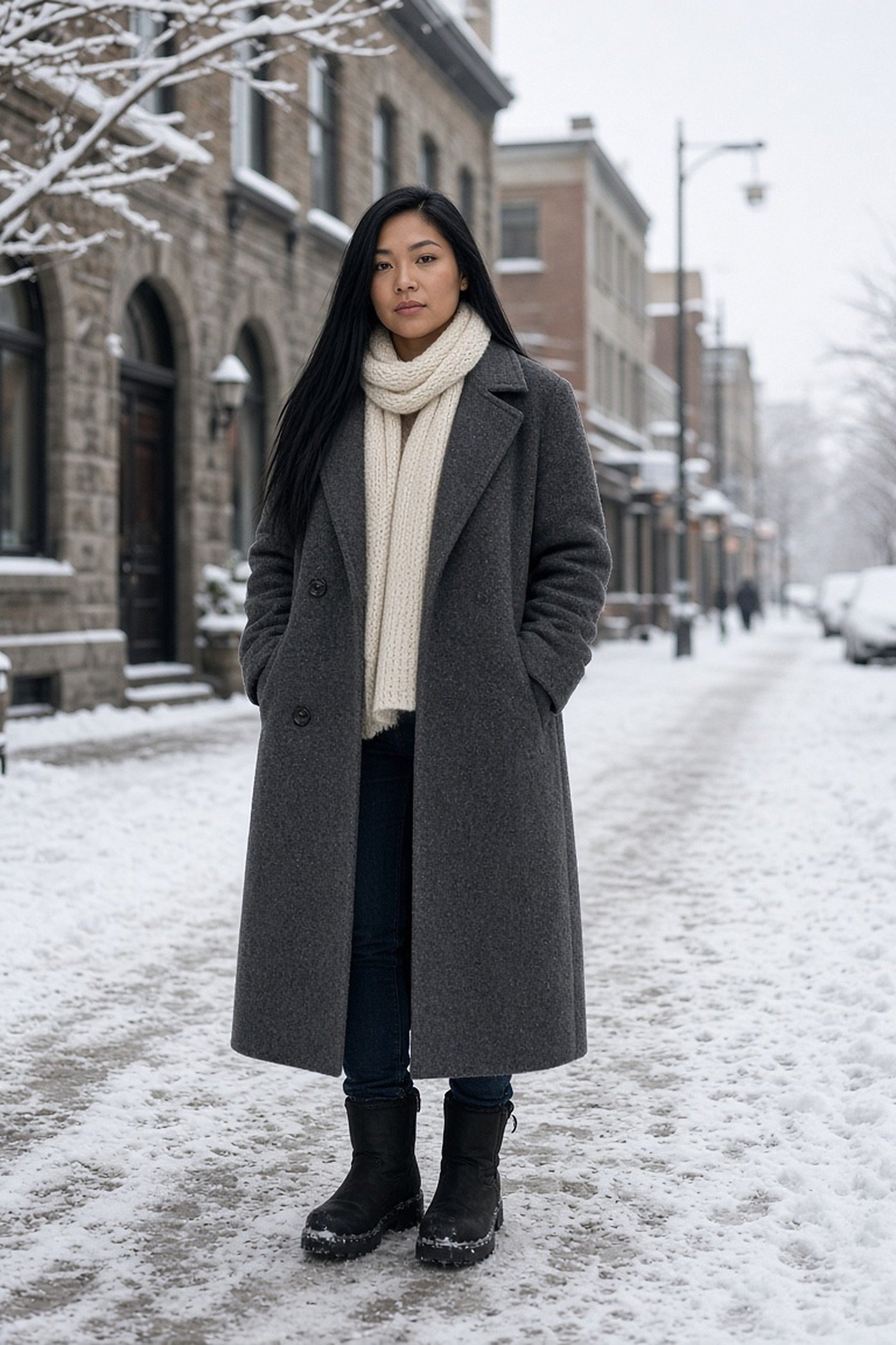 Woman in her 20s in a charcoal wool winter coat and cream scarf in the snow