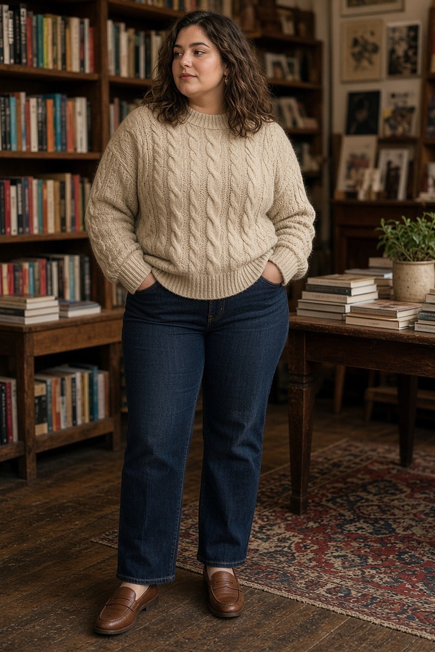 Woman in her 20s in a cozy oatmeal cable knit sweater and dark jeans