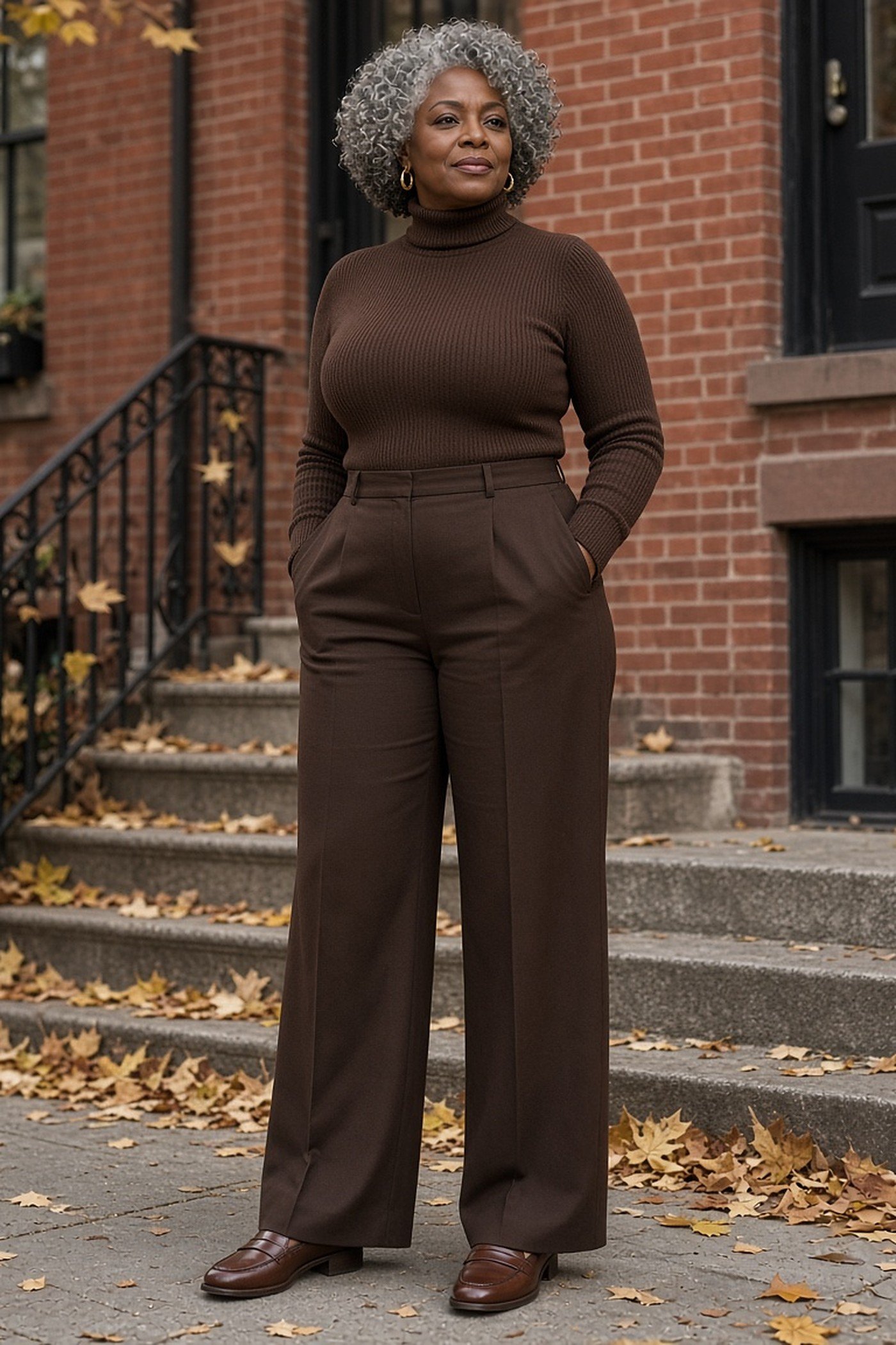 Black woman over 50 in head-to-toe chocolate brown turtleneck and wide trousers