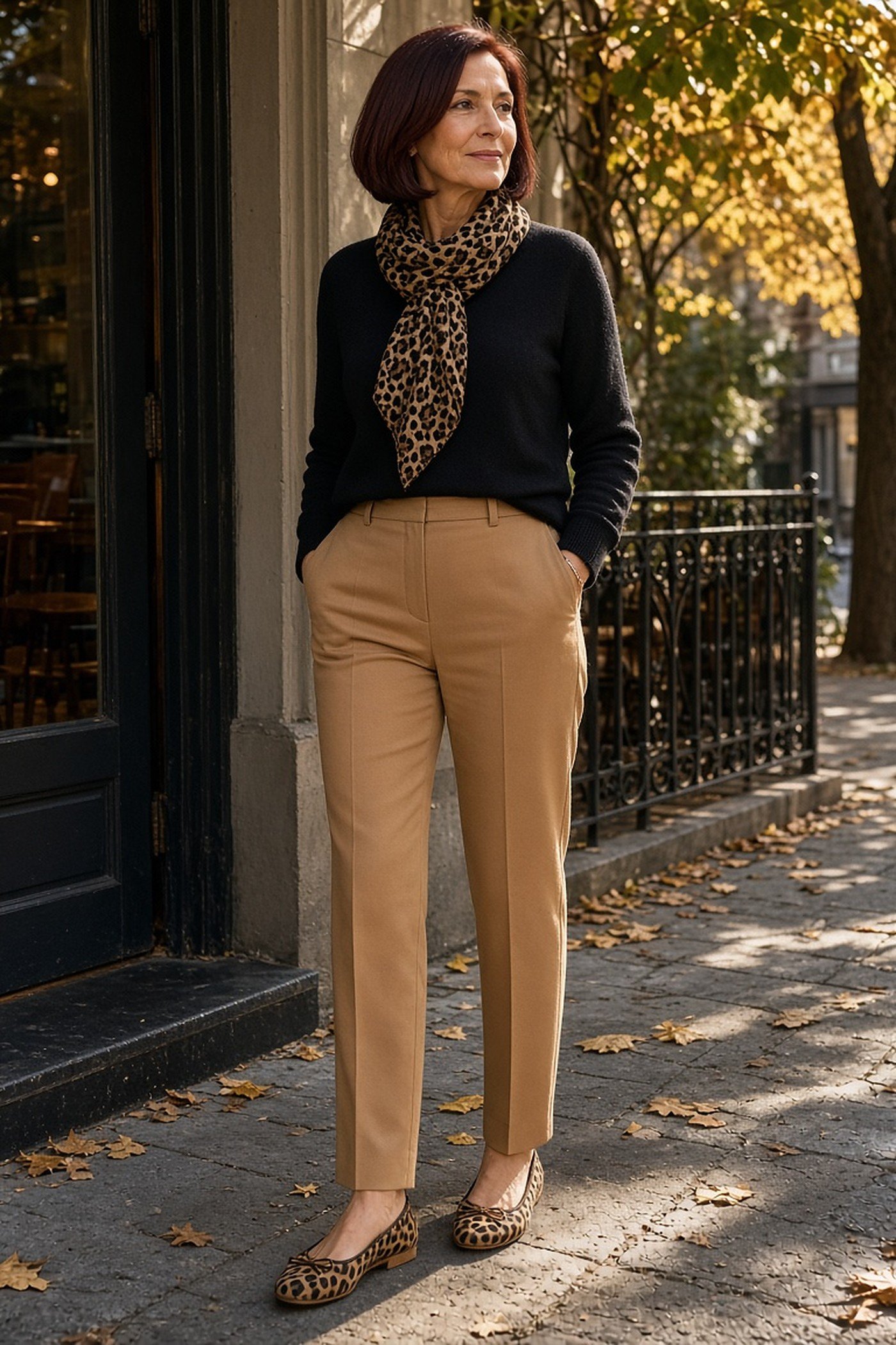 Woman over 50 with a leopard print scarf and leopard flats