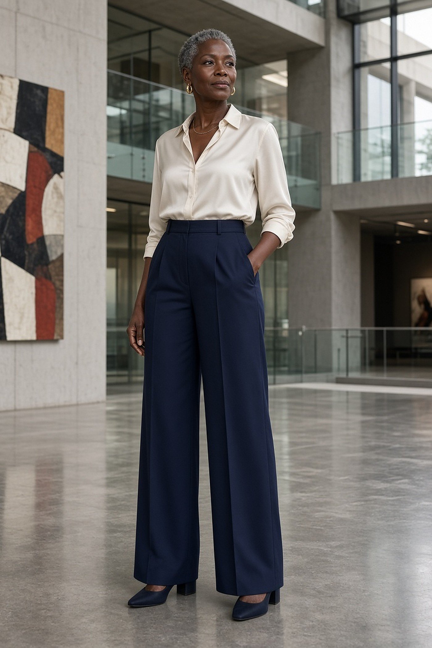 Black woman over 50 in navy wide-leg trousers and a cream silk blouse