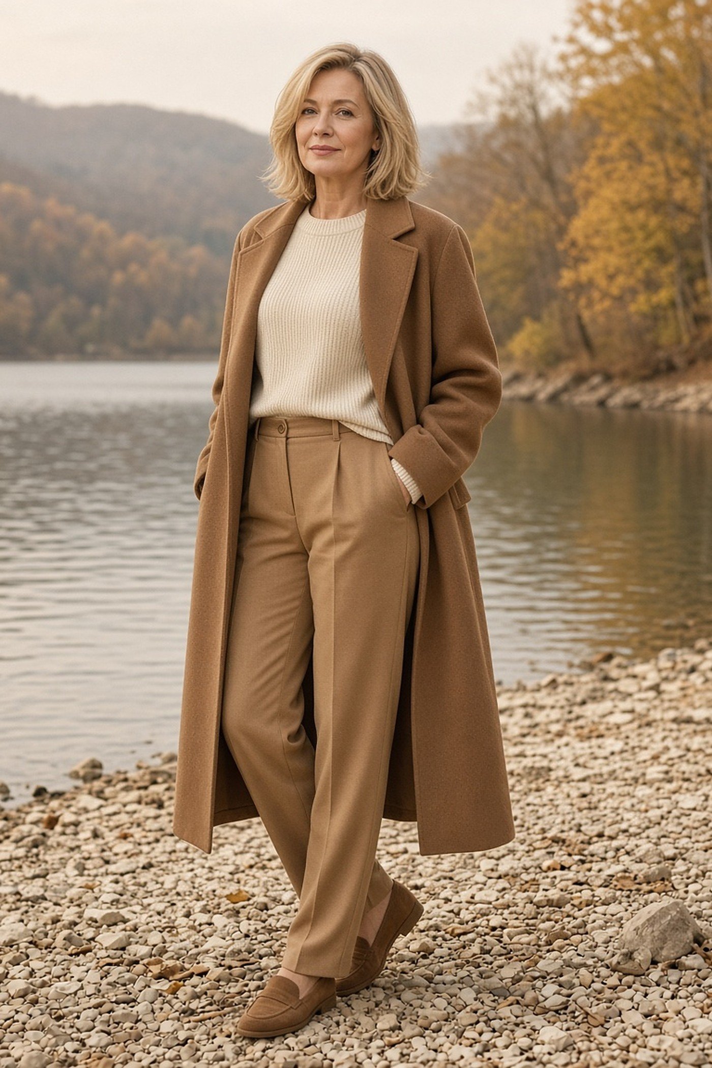 Woman over 50 in a tonal camel and cream outfit with a long brown coat